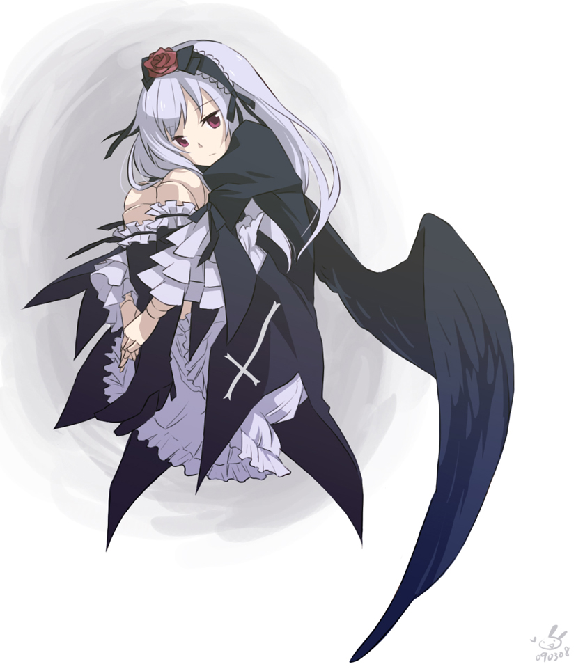hanabi (artist), suigintou, rozen maiden, silver hair, bad id, bad pixiv id, 00s, doll joints, gothic lolita, hairband, joints, lolita fashion, red eyes, solo, wings