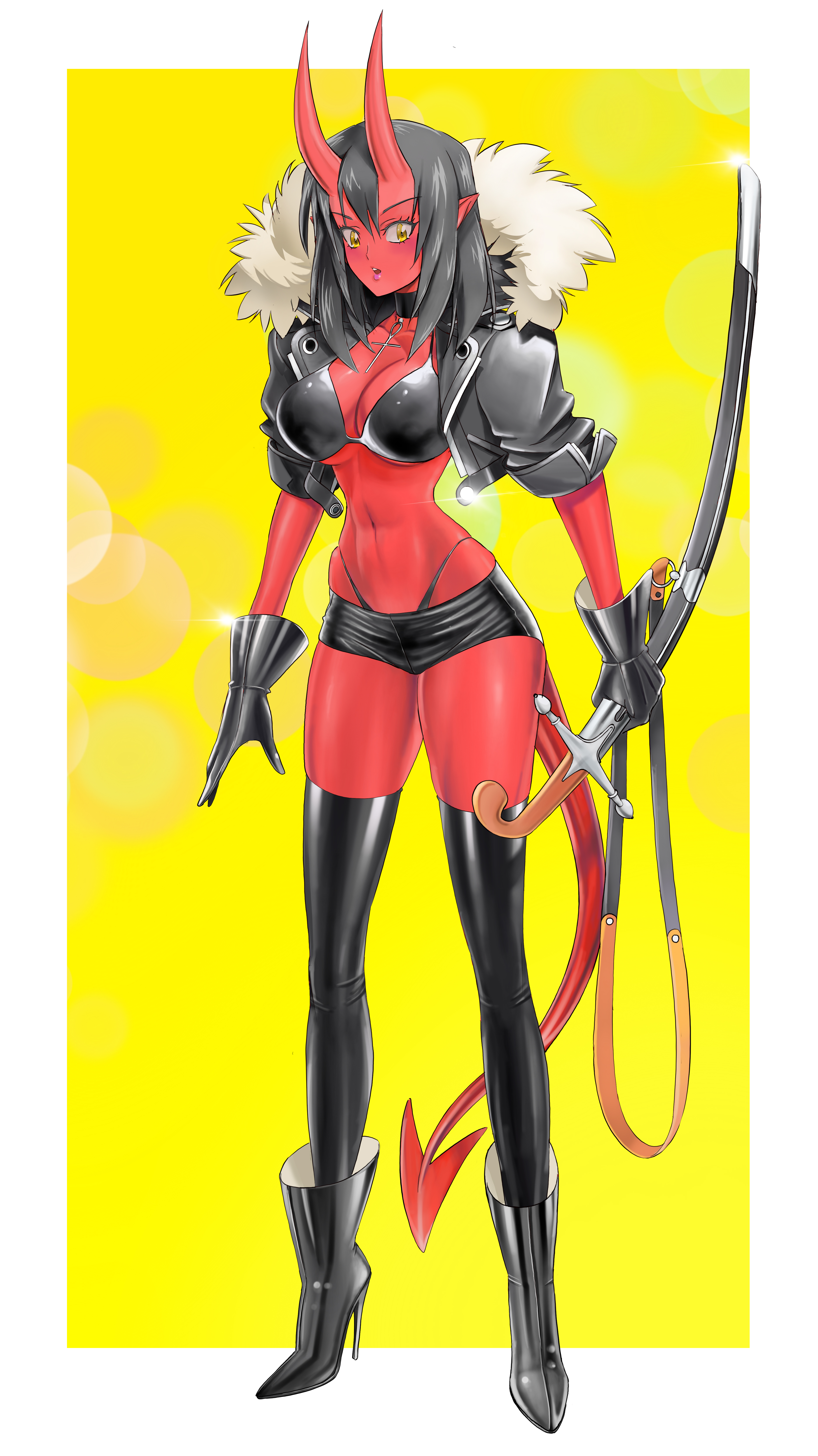pedro sotto, original, absurdres, highres, 1girl, ankh necklace, ankle boots, black boots, black bra, black gloves, black hair, black jacket, black shorts, black thighhighs, boots, bra, breasts, colored skin, cropped jacket, demon girl, demon horns, demon tail, fantasy, full body, fur trim, gloves, high heel boots, high heels, holding, holding sword, holding weapon, horns, jacket, large breasts, looking at viewer, navel, pointy ears, red skin, saber (weapon), sheath, sheathed, shiny clothes, short shorts, shorts, solo, standing, sword, tail, thighhighs, underwear, weapon, yellow background, yellow eyes