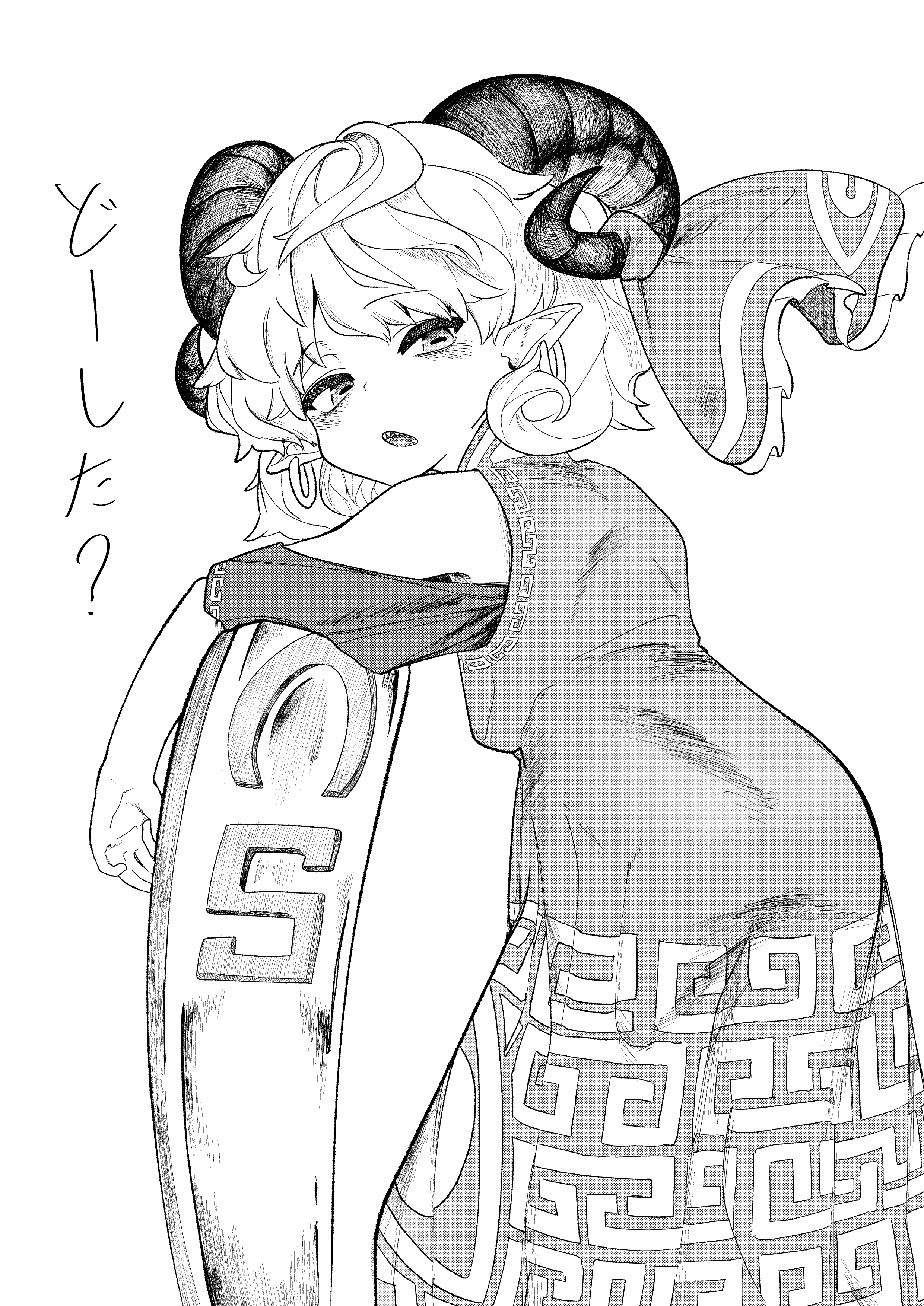 toutetsu yuuma, touhou, absurdres, commentary request, highres, translation request, 1girl, bare shoulders, dress, earrings, from behind, horizontal pupils, horn ornament, horn ribbon, horns, jewelry, leaning on object, looking at viewer, looking back, medium hair, motutigire, parted lips, pointy ears, ribbon, sharp teeth, sheep horns, sleeveless, sleeveless dress, solo, teeth