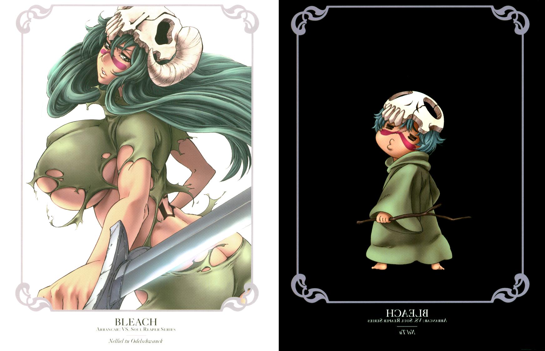 kubo tite, nelliel tu odelschwanck, bleach, highres, official art, spoilers, 00s, 1girl, = =, aqua hair, arrancar, ass, breasts, butt crack, chibi, copyright name, dual persona, facial mark, green hair, grey eyes, hollow (bleach), huge breasts, katana, long hair, number tattoo, o3o, revealing clothes, short hair, skull, stick, sword, tattoo, torn clothes, underboob, weapon