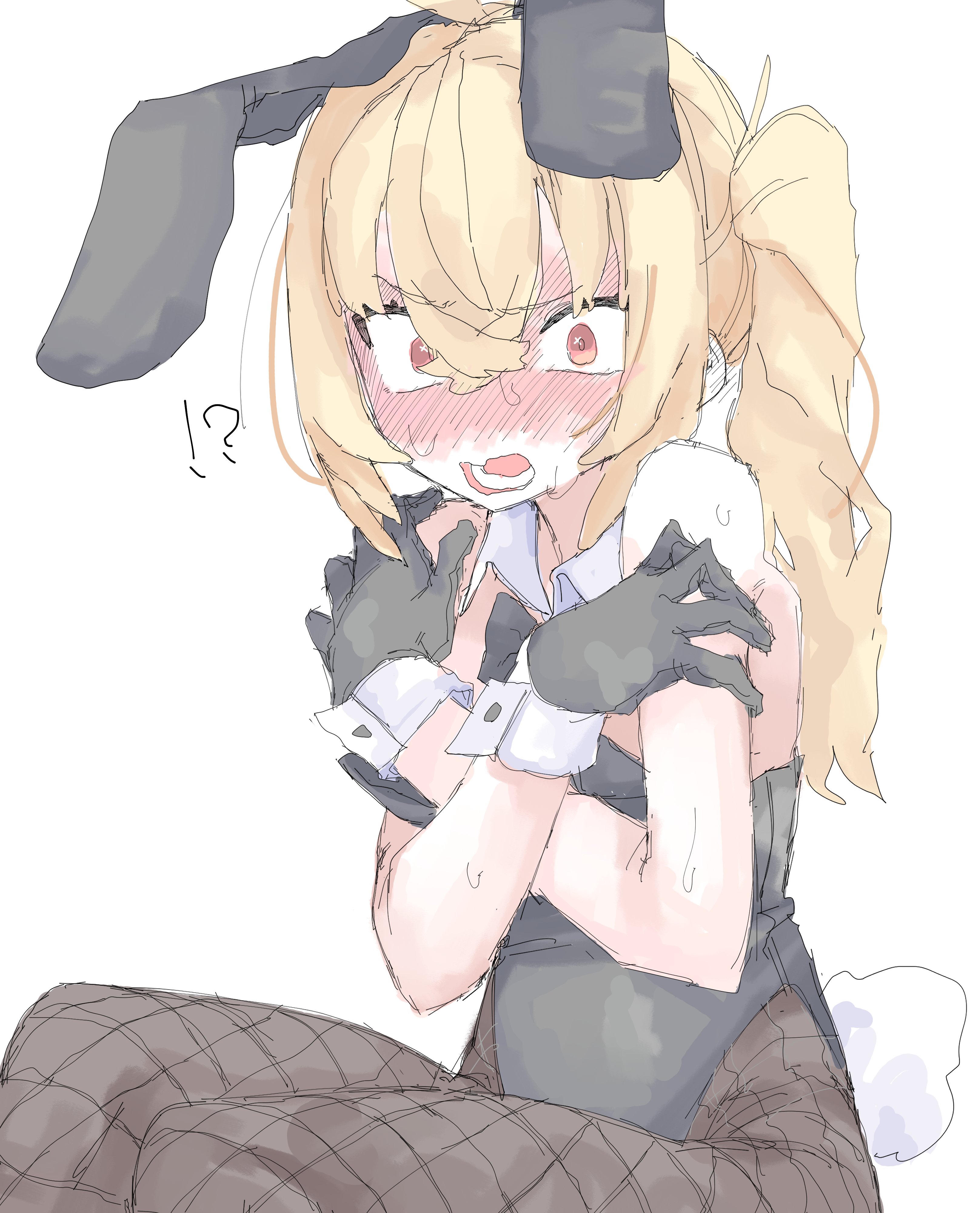 mocamocaink, luciana de montefio, zenless zone zero, absurdres, highres, !?, 1girl, alternate costume, animal ear hairband, animal ears, black gloves, black leotard, blonde hair, blush, bow, bowtie, breasts, covering breasts, covering privates, cowboy shot, crossed bangs, detached collar, fake animal ears, fake tail, fishnet pantyhose, fishnets, gloves, hair between eyes, hairband, leotard, long hair, looking at viewer, open mouth, pantyhose, playboy bunny, rabbit ear hairband, rabbit ears, rabbit tail, red eyes, side ponytail, simple background, sitting, small breasts, solo, sparkling eyes, strapless, strapless leotard, sweat, tail, white background, white wrist cuffs, wrist cuffs