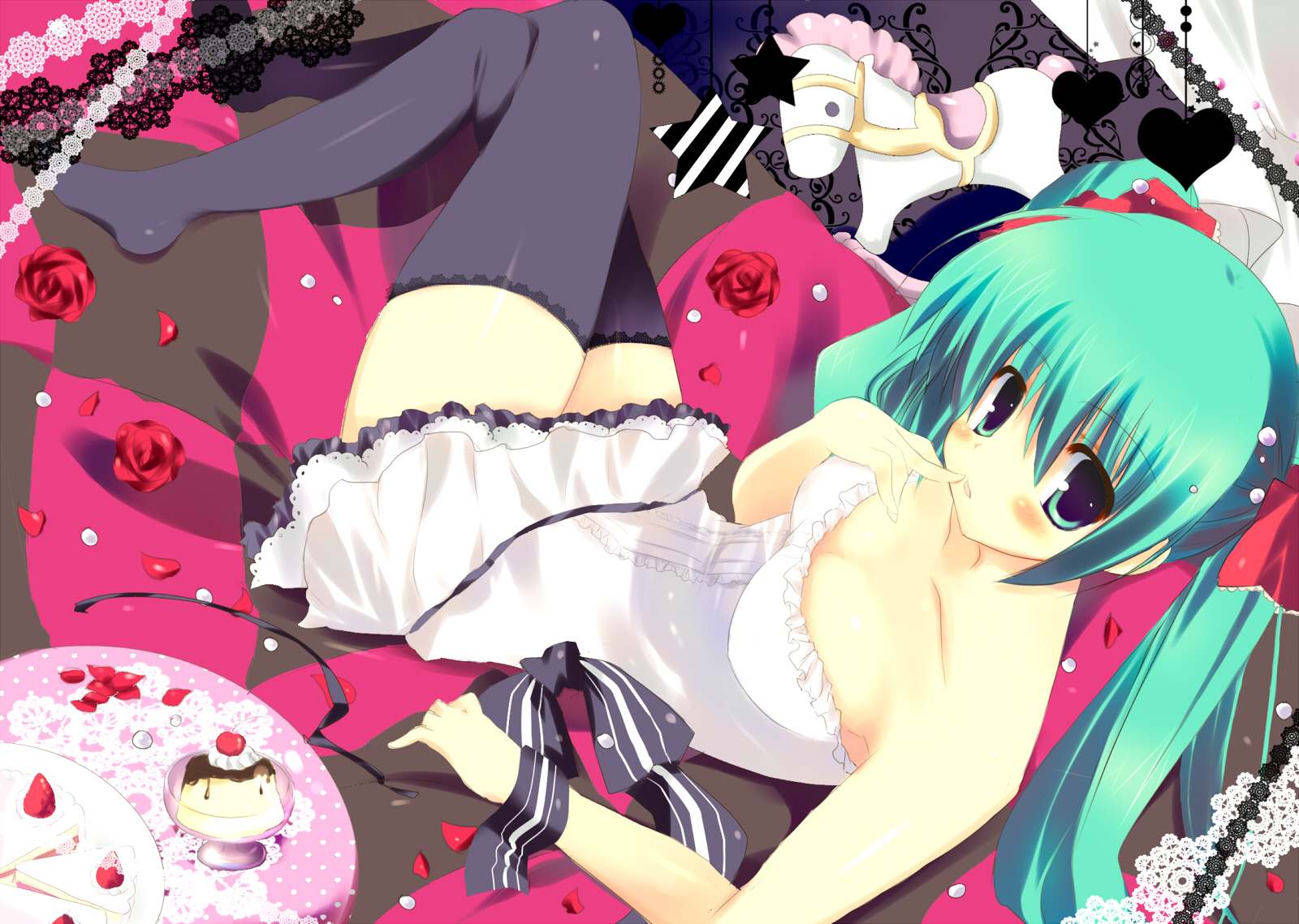 kinoko (hkn), hatsune miku, vocaloid, world is mine (vocaloid), bad id, bad pixiv id, highres, breasts, cake, cleavage, food, from above, green hair, long hair, petals, ribbon, rose petals, solo, thighhighs, twintails, zettai ryouiki