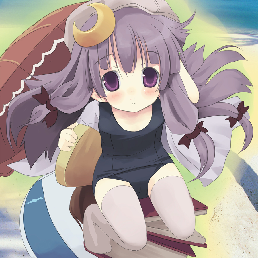 shiro (octet), patchouli knowledge, shiro, touhou, 1girl, ball, beachball, blush, book, crescent, crescent hair ornament, female focus, hair ornament, hair ribbon, hat, kickboard, long hair, one-piece swimsuit, purple eyes, purple hair, ribbon, school swimsuit, socks, solo, swimsuit, thighhighs