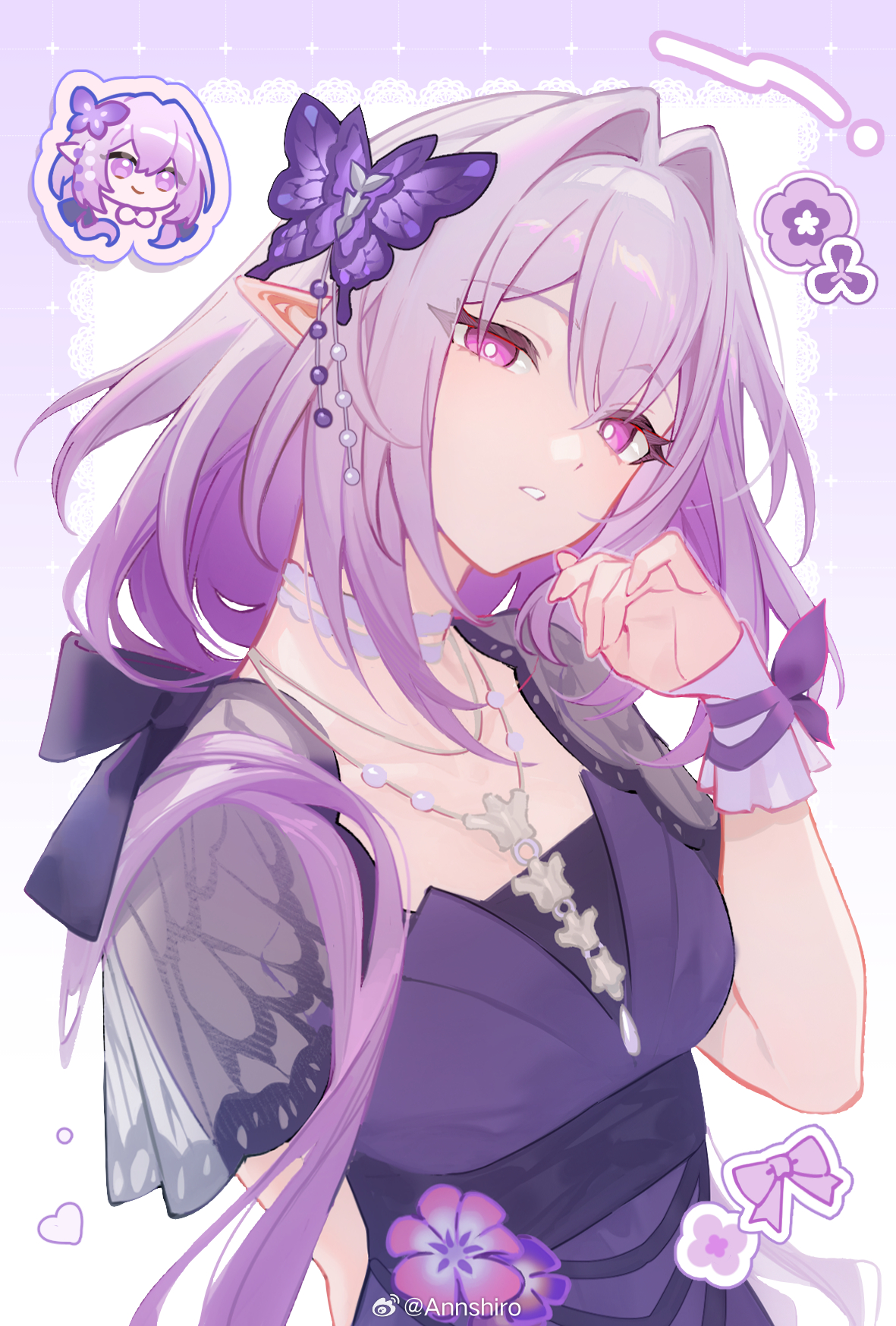 annshiro76, castorice (honkai: star rail), honkai: star rail, honkai (series), commentary, hashtag-only commentary, highres, symbol-only commentary, 1girl, alternate costume, animal print, back bow, bow, bow sticker, bug, butterfly, butterfly hair ornament, butterfly print, character sticker, choker, dress, flower sticker, hair intakes, hair ornament, hair over shoulder, hand up, head tilt, heart, insect, jacket, jewelry, lace, lace choker, long hair, necklace, pink eyes, pointy ears, purple bow, purple dress, purple hair, pursed lips, sidelocks, solo, sticker, watermark, weibo watermark, wrist cuffs