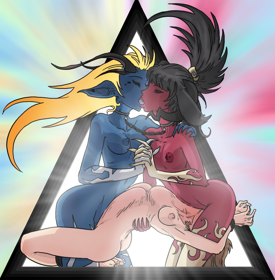 sparrow (artist), bad tag, bdsm, blue skin, bondage, bulge, deepthroat, extra penises, fellatio, futa on female on futa, futa with female, futanari, kiss, large insertion, oral, red skin, spitroast, stomach bulge, yuri