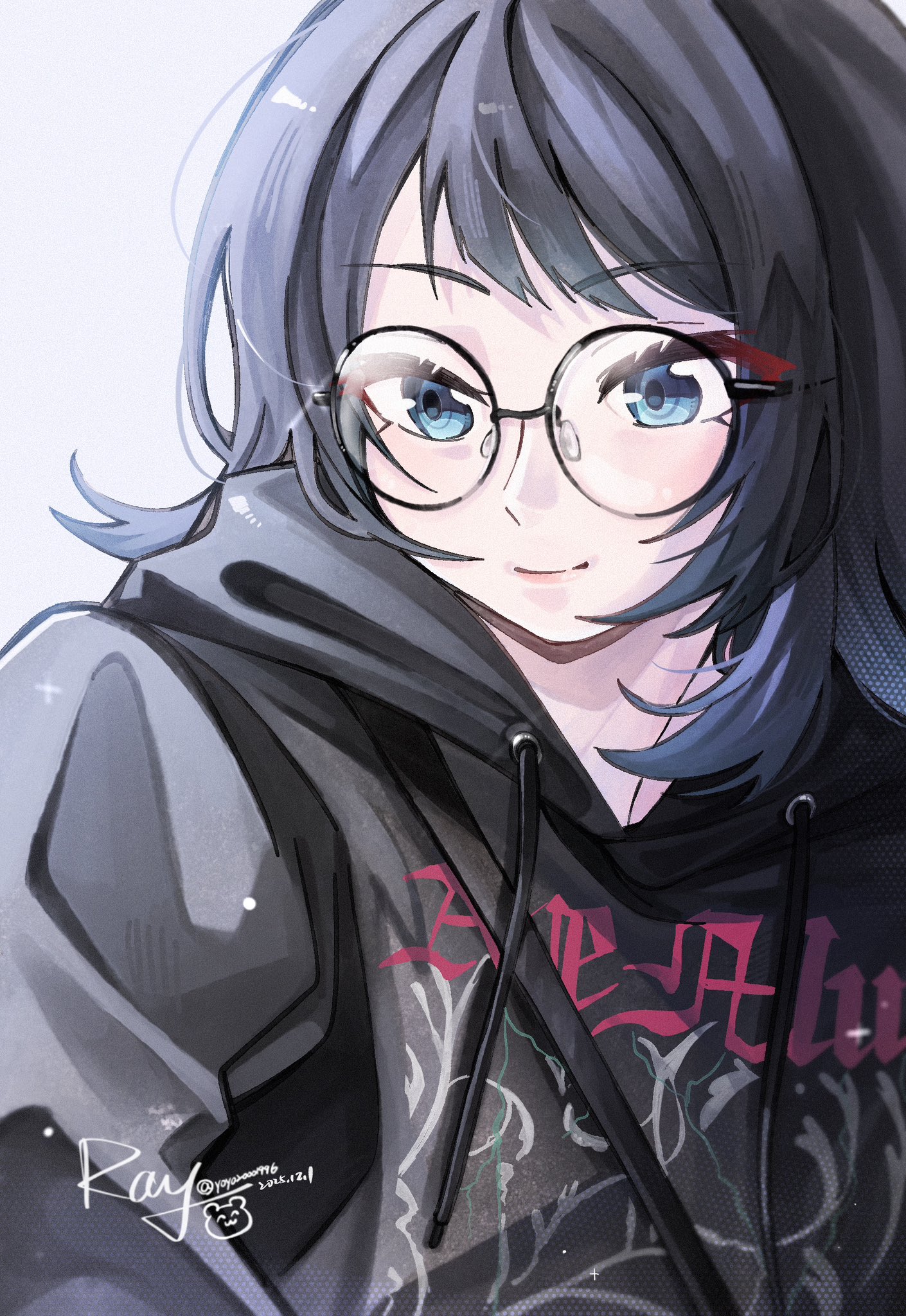yoyoray20001996, yahata umiri, bang dream!, bang dream! it's mygo!!!!!, commentary, highres, symbol-only commentary, 1girl, bespectacled, black hair, black hoodie, blue eyes, glasses, hood, hood down, hoodie, medium hair, round eyewear, solo, upper body, white background
