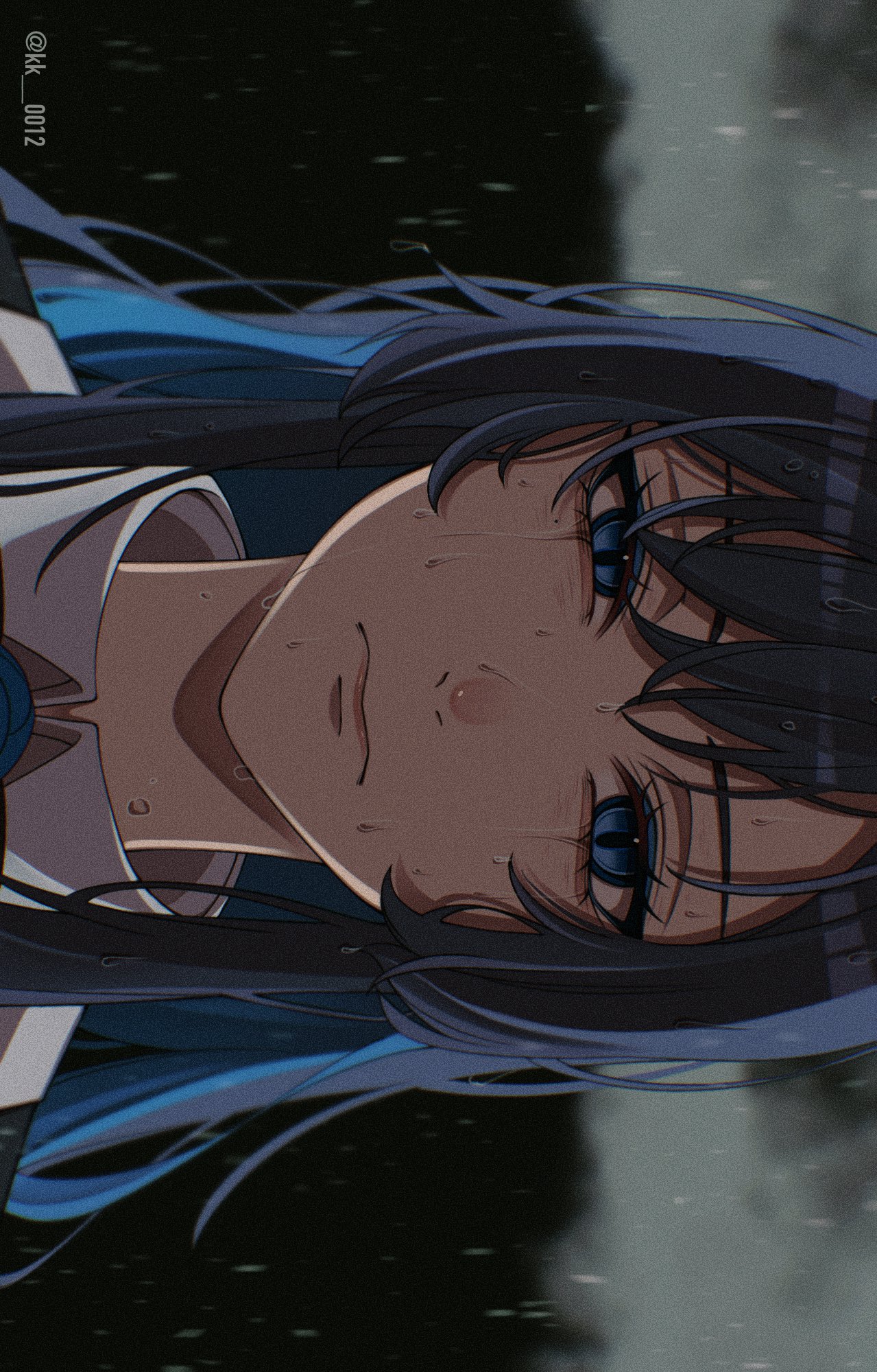 keeko (kk 0012), chando (ado), ado (utaite), chainsaw man, commentary, highres, 1girl, black hair, blue eyes, blue hair, closed mouth, colored inner hair, long hair, looking at viewer, mole, mole under eye, multicolored hair, portrait, rain, sideways, solo, utaite, wet