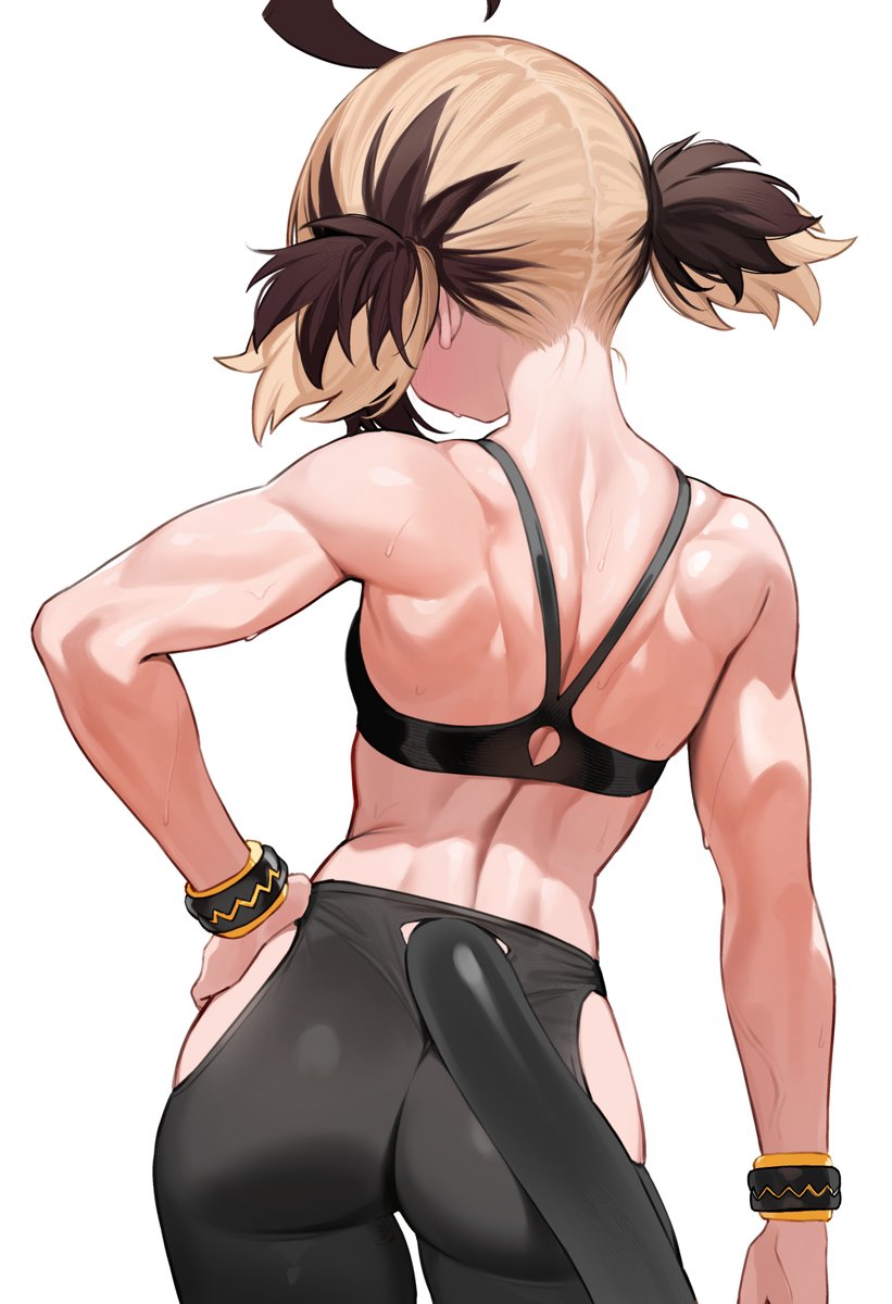 hoshi usagi, gigi murin, hololive, hololive english, commentary, english commentary, highres, 1girl, ahoge, ass, back, bike shorts, black shorts, black sports bra, blonde hair, brown hair, clothing cutout, contrapposto, criss-cross halter, facing away, from behind, halterneck, hand on own hip, hip vent, huge ahoge, median furrow, multicolored hair, muscular, muscular female, short hair, short twintails, shorts, simple background, solo, sports bra, sweat, tail, trapezius, triceps, twintails, two-tone hair, virtual youtuber, white background
