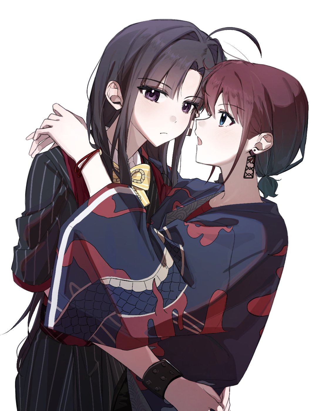 i2727272727, awa subaru, iseri nina, girls band cry, commentary, hashtag-only commentary, highres, 2girls, ahoge, animal ears, black hair, black kimono, bracelet, brown hair, gradient hair, hair intakes, hug, japanese clothes, jewelry, kimono, kuuhaku to catharsis, long hair, low twintails, multicolored hair, multiple girls, parted bangs, short hair, short twintails, sidelocks, simple background, twintails, white background, yuri