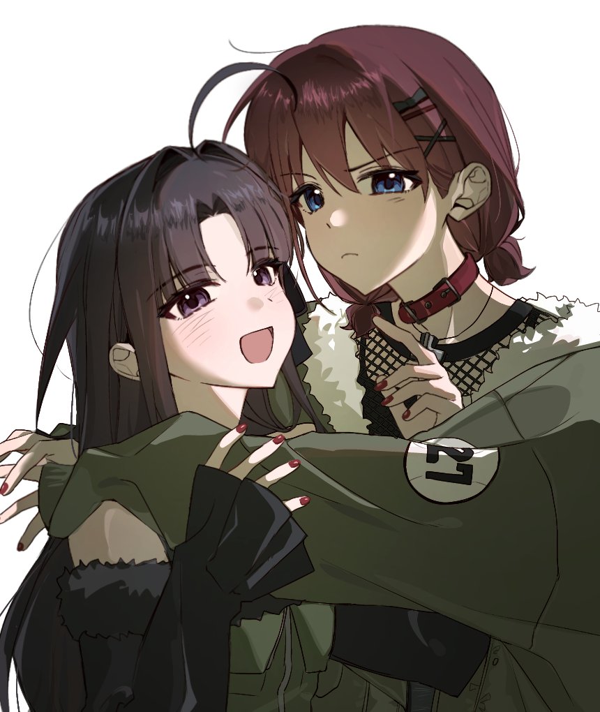 i2727272727, awa subaru, iseri nina, girls band cry, commentary, hashtag-only commentary, 2girls, ahoge, black hair, blush, brown hair, collar, green jacket, hair ornament, hairclip, hug, jacket, long hair, low twintails, multiple girls, nail polish, open mouth, parted bangs, purple eyes, red collar, red nails, short hair, short twintails, sidelocks, simple background, twintails, upper body, white background, yuri