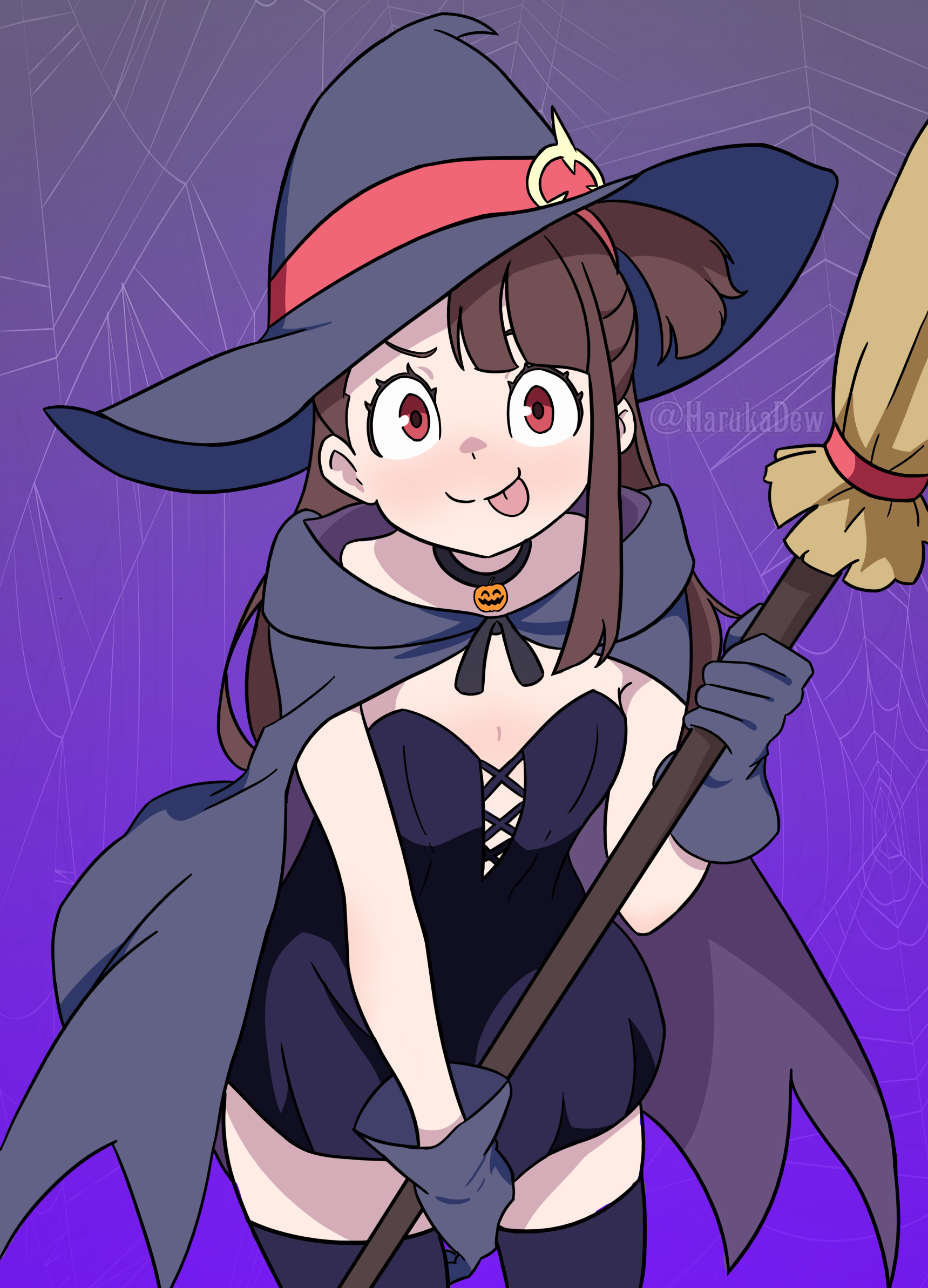 harukadew, kagari atsuko, little witch academia, 1girl, black gloves, black thighhighs, blush, breasts, broom, brown hair, cape, closed mouth, gloves, hat, long hair, looking at viewer, purple background, red eyes, signature, simple background, small breasts, smile, solo, thighhighs, tongue, tongue out, witch, witch hat