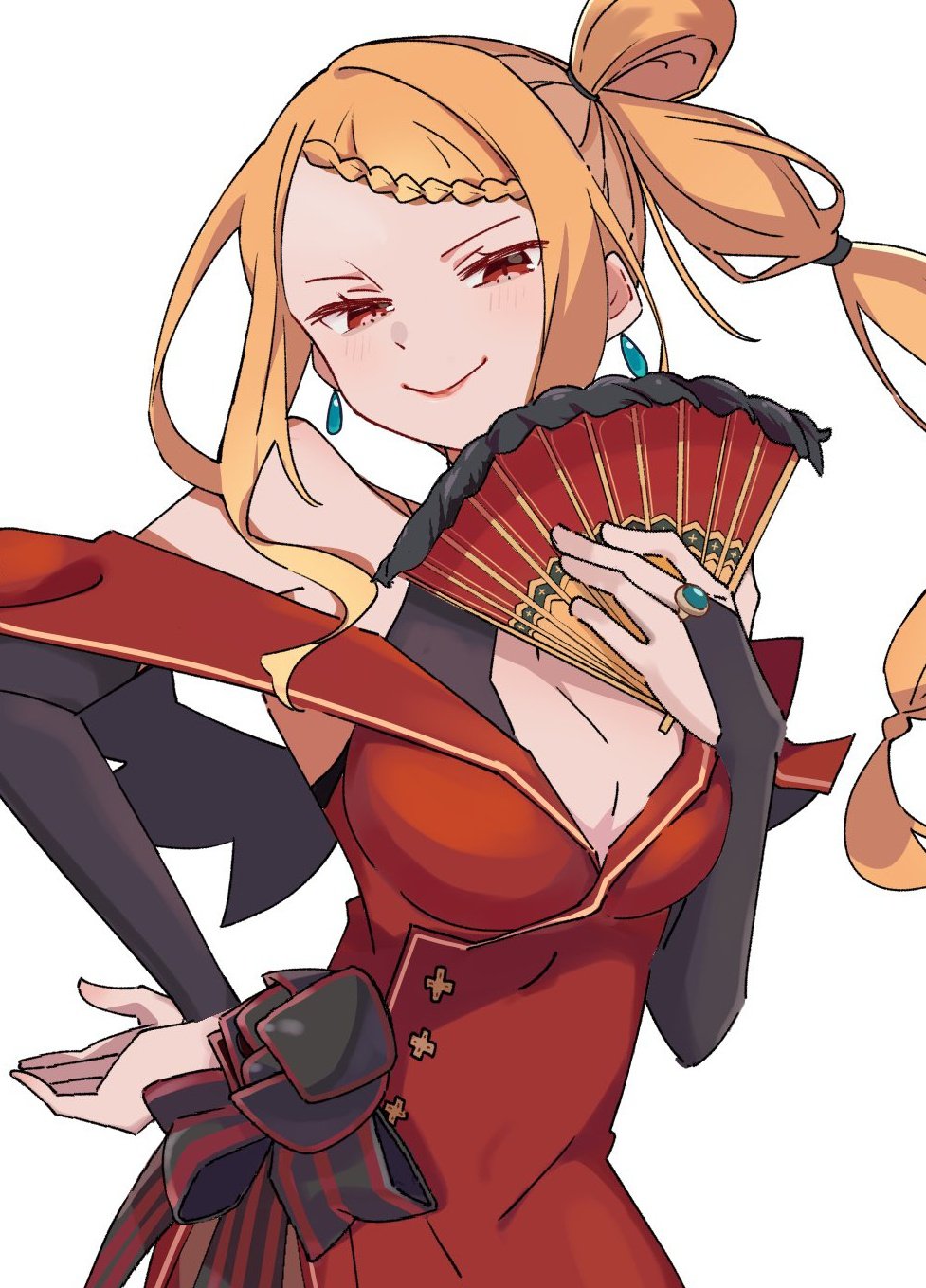 priscilla barielle, re:zero kara hajimeru isekai seikatsu, 1girl, blonde hair, breasts, cleavage, dress, earrings, jewelry, large breasts, long hair, red dress, red eyes, smile, solo