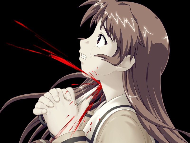 character request, source request, blood, brown eyes, brown hair, clenched teeth, female focus, guro, scissors, simple background, suicide, tears, teeth