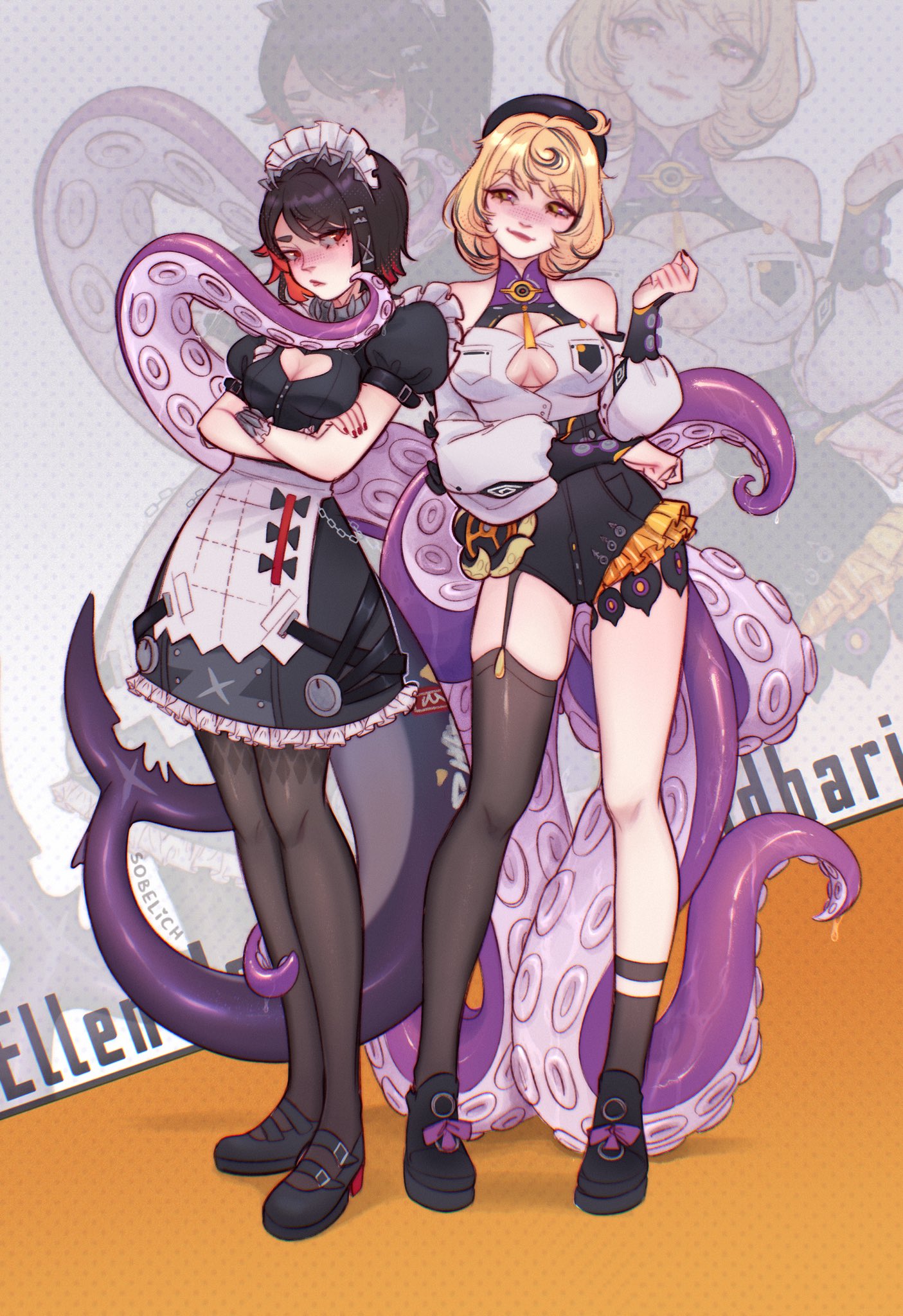 dottore (genshin impact), ellen joe, yidhari murphy, zenless zone zero, commentary, english commentary, highres, 2girls, artist name, asymmetrical shorts, bare shoulders, beret, black hair, black hat, black nails, black pantyhose, black shoes, black thighhighs, blonde hair, breast cutout, breasts, button gap, character name, cleavage, cleavage cutout, closed mouth, clothing cutout, colored inner hair, cowlick, crossed arms, detached sleeves, fins, fish tail, footwear ribbon, frilled wristband, full body, garter straps, grey background, hairband, hand up, hat, heart cutout, high-waist shorts, large breasts, looking at another, maid headdress, mary janes, metal hairband, mole, mole under eye, multicolored hair, multiple girls, orange background, pantyhose, razor blade hair ornament, red nails, scar, scar on tail, shark girl, shark tail, shirt, shoes, short hair, shorts, single garter strap, single sock, single thighhigh, slime (substance), sobelich, socks, spiked headband, standing, suction cups, tail, tentacle girl, tentacle tail, tentacles, thighhighs, two-tone background, white shirt, zoom layer