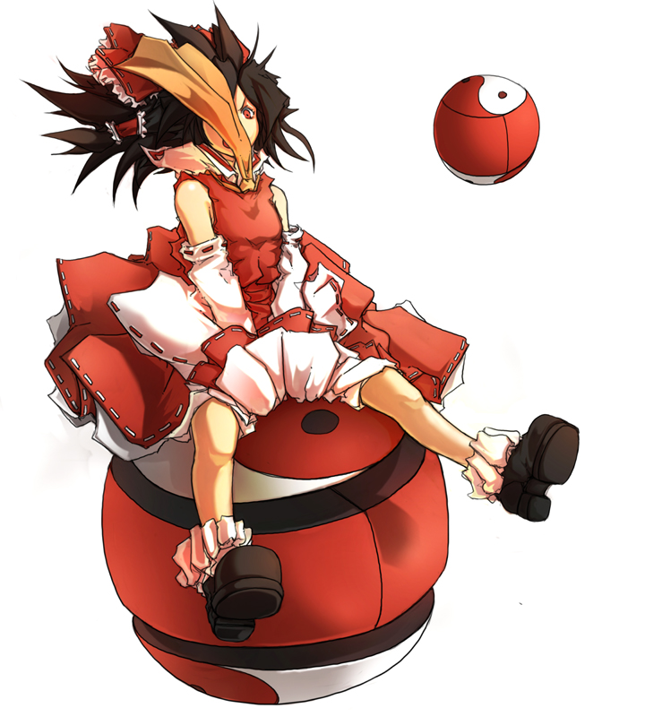 dizzy (artist), hakurei reimu, touhou, 1girl, brown hair, detached sleeves, female focus, full body, japanese clothes, miko, red eyes, simple background, solo, white background, yin yang