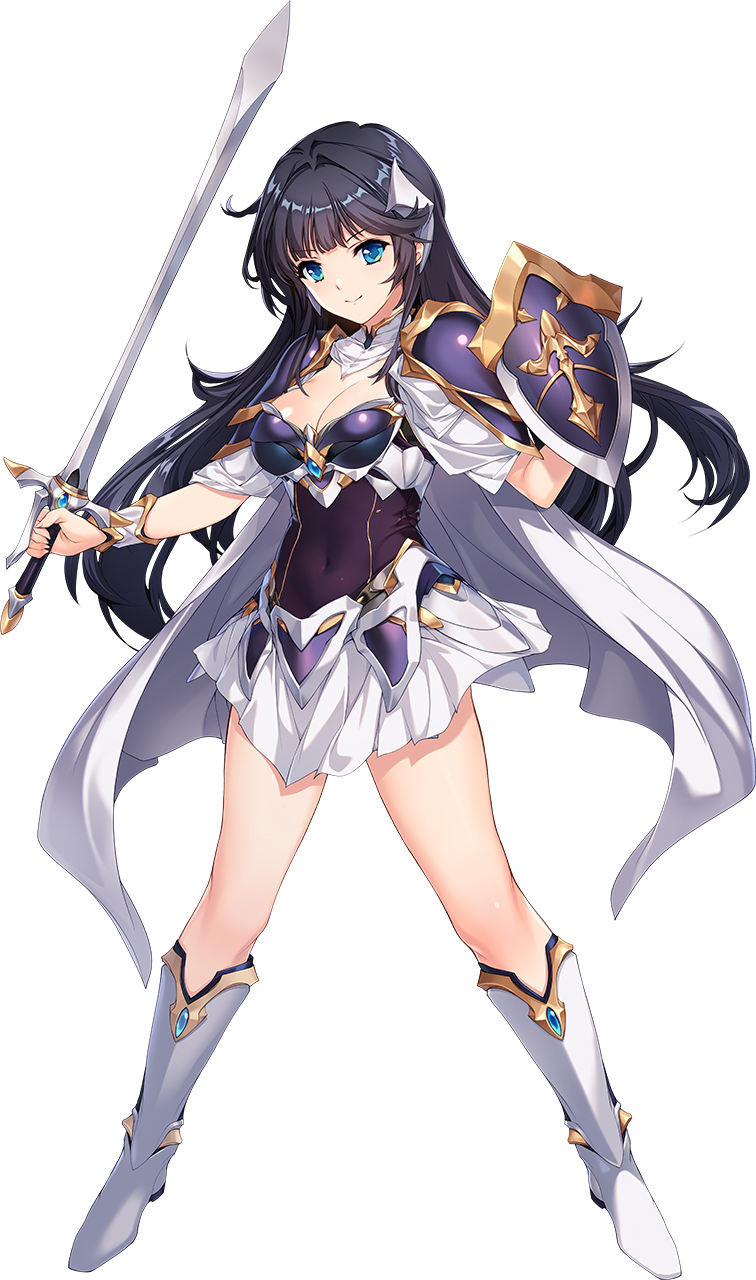 min-naraken, mizuhara hazuki, choukou (alicesoft), choukou taisen escalation heroines, toushin toshi, toushin toshi ii, highres, 1girl, armor, black hair, blue eyes, boots, breastplate, breasts, cleavage, covered navel, full body, holding, holding shield, holding sword, holding weapon, large breasts, long hair, looking at viewer, pauldrons, shield, shoulder armor, smile, solo, sword, tachi-e, weapon, white boots