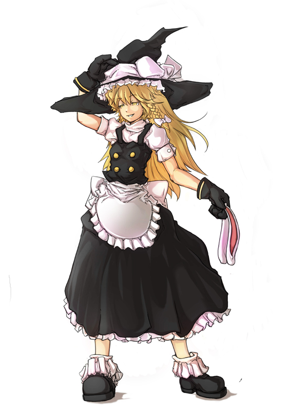 dizzy (artist), kirisame marisa, touhou, 1girl, blonde hair, braid, dress, female focus, full body, gloves, hair ribbon, hat, long hair, ribbon, simple background, solo, white background, witch, witch hat