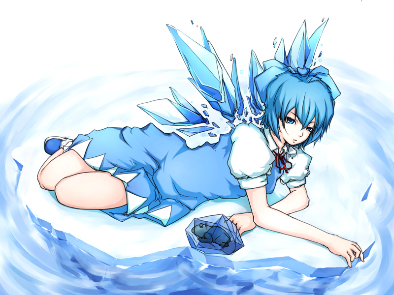 dizzy (artist), cirno, embodiment of scarlet devil, touhou, blue eyes, blue hair, frog, hair ribbon, ice, ribbon, short hair, solo, wings