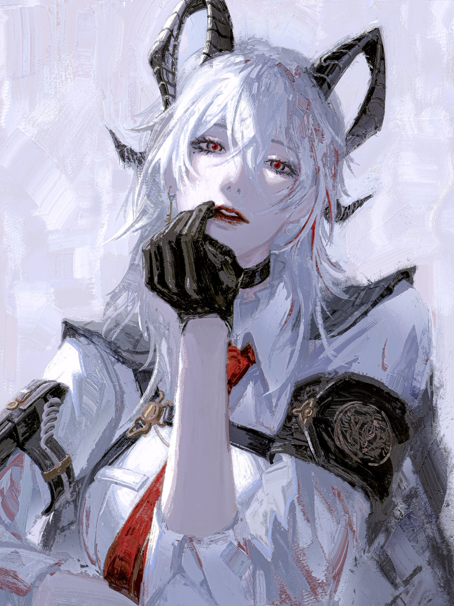 flowersbloodart, zani (wuthering waves), wuthering waves, commentary, highres, 1girl, arm pouch, armband, biting, biting glove, black armband, black gloves, black horns, breasts, chest harness, collared shirt, curled horns, gloves, hair between eyes, hand up, harness, horns, large breasts, long hair, multicolored hair, necktie, parted lips, red necktie, shirt, solo, streaked hair, upper body, white hair, white shirt