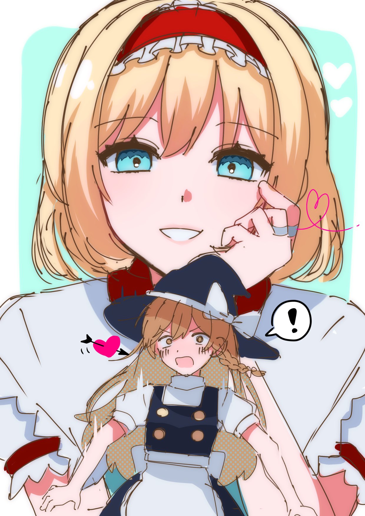 mepibow2, alice margatroid, kirisame marisa, touhou, commentary request, highres, !, 2girls, apron, black skirt, black vest, blonde hair, blue eyes, braid, capelet, hairband, hat, head rest, heart, lolita hairband, long hair, looking at viewer, medium hair, multiple girls, open mouth, parted lips, shirt, short sleeves, skirt, smile, surprised, vest, white capelet, white shirt, witch hat, yellow eyes