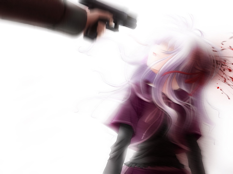 yuka, gore screaming show, blood, gun, guro, headshot, purple hair, ribbon, shirt, simple background, weapon