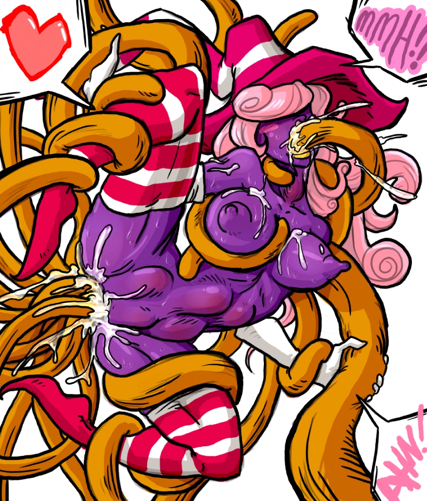 sparrow (artist), vivian, nintendo, paper mario, striped, striped legwear, anal, blush, hat, heart, pink hair, purple skin, rape, spitroast, stomach bulge, tentacle sex, tentacles, thighhighs, triple penetration