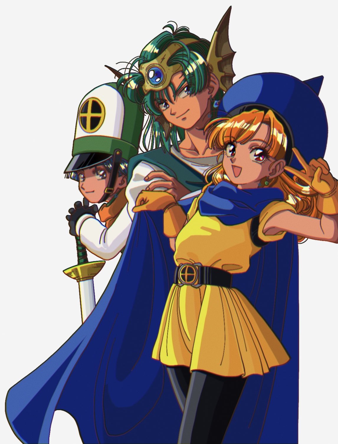 okita (sukult 4), alena (dq4), clift, hero (dq4), slime (dragon quest), dragon quest, dragon quest iv, highres, 1girl, 2boys, :d, aqua hair, aqua tunic, black gloves, black leggings, blue cape, blue eyes, blue hair, cape, character ear piercing, crossed arms, curly hair, dress, earrings, faux retro artstyle, fins, gloves, hat, head fins, jewelry, leggings, long hair, looking at viewer, looking to the side, medium hair, mitre, multiple boys, open mouth, orange gloves, orange hair, orange scarf, planted, planted sword, planted weapon, purple eyes, red eyes, scarf, shirt, short hair, smile, sword, tunic, v, weapon, white background, white shirt, yellow dress, yellow tunic