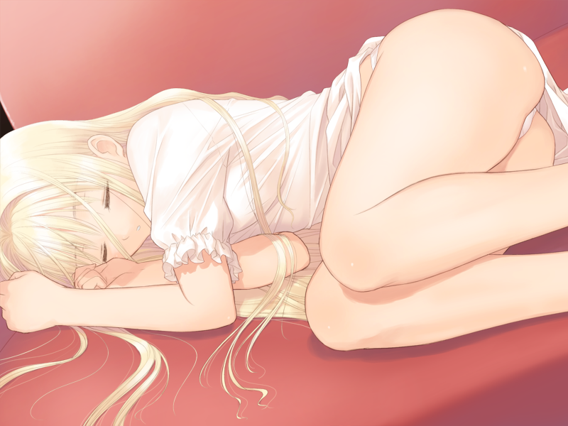 tony taka, shoujo (france shoujo), france shoujo, game cg, 1girl, ass, blonde hair, female focus, green eyes, legs, long hair, long legs, panties, sleeping, solo, underwear
