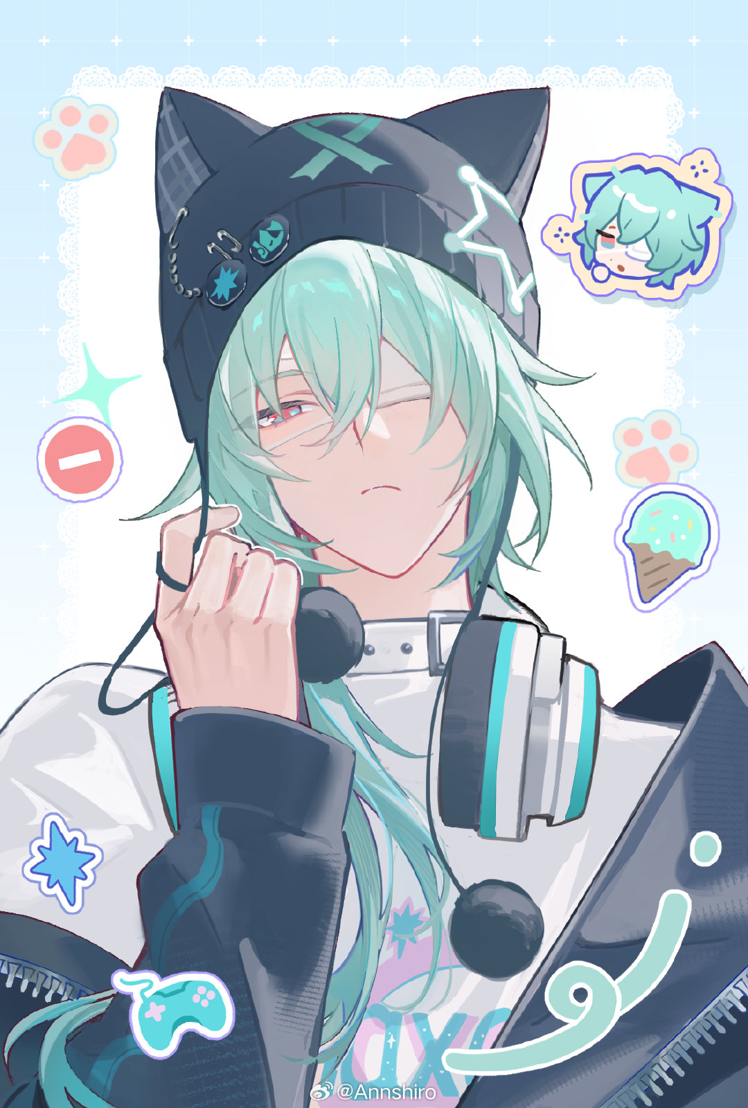 annshiro76, anaxa (honkai: star rail), honkai: star rail, honkai (series), commentary, hashtag-only commentary, highres, symbol-only commentary, 1boy, animal ear headwear, aqua eyes, aqua hair, beanie, black jacket, character sticker, choker, closed mouth, eyepatch, fake animal ears, frown, hair between eyes, hand up, hat, headphones, headphones around neck, jacket, jacket partially removed, long hair, long sleeves, male focus, medical eyepatch, paw print, pierced hat, pom pom (clothes), pom pom beanie, shirt, solo, sparkle, sticker, watermark, weibo watermark, white choker, white shirt