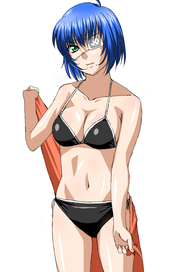 sen (sansui), ryomou shimei, ikkitousen, bad id, bad pixiv id, 00s, 1girl, bikini, black bikini, blue hair, breasts, cleavage, eyepatch, female focus, green eyes, short hair, solo, swimsuit, towel