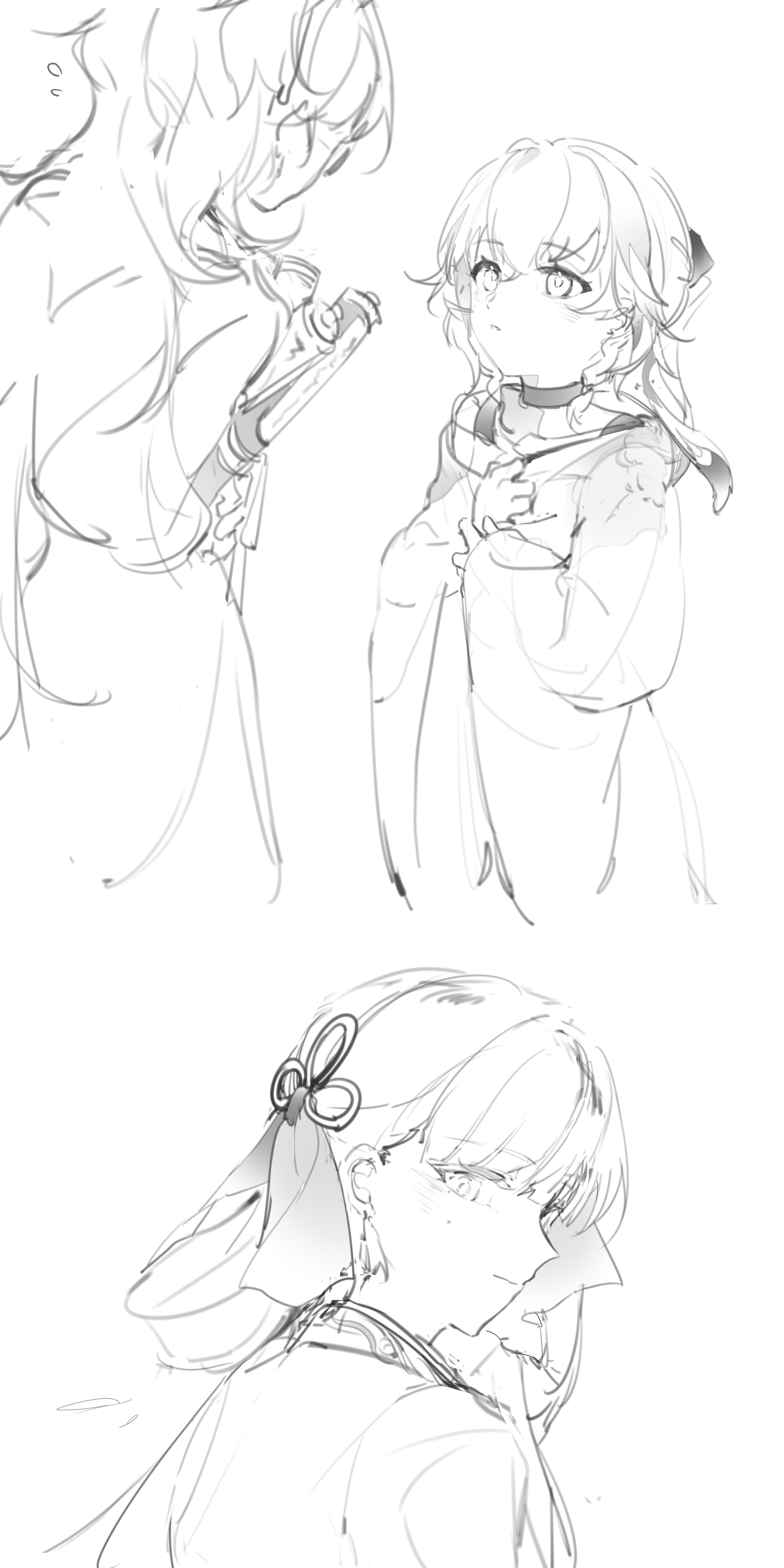 coloki, changli (wuthering waves), jinhsi (wuthering waves), wuthering waves, absurdres, chinese commentary, commentary request, highres, 3girls, aged down, bow, choker, cloak, closed mouth, greyscale, hair bow, long hair, looking at another, mole, mole on cheek, monochrome, multiple girls, sketch, time paradox