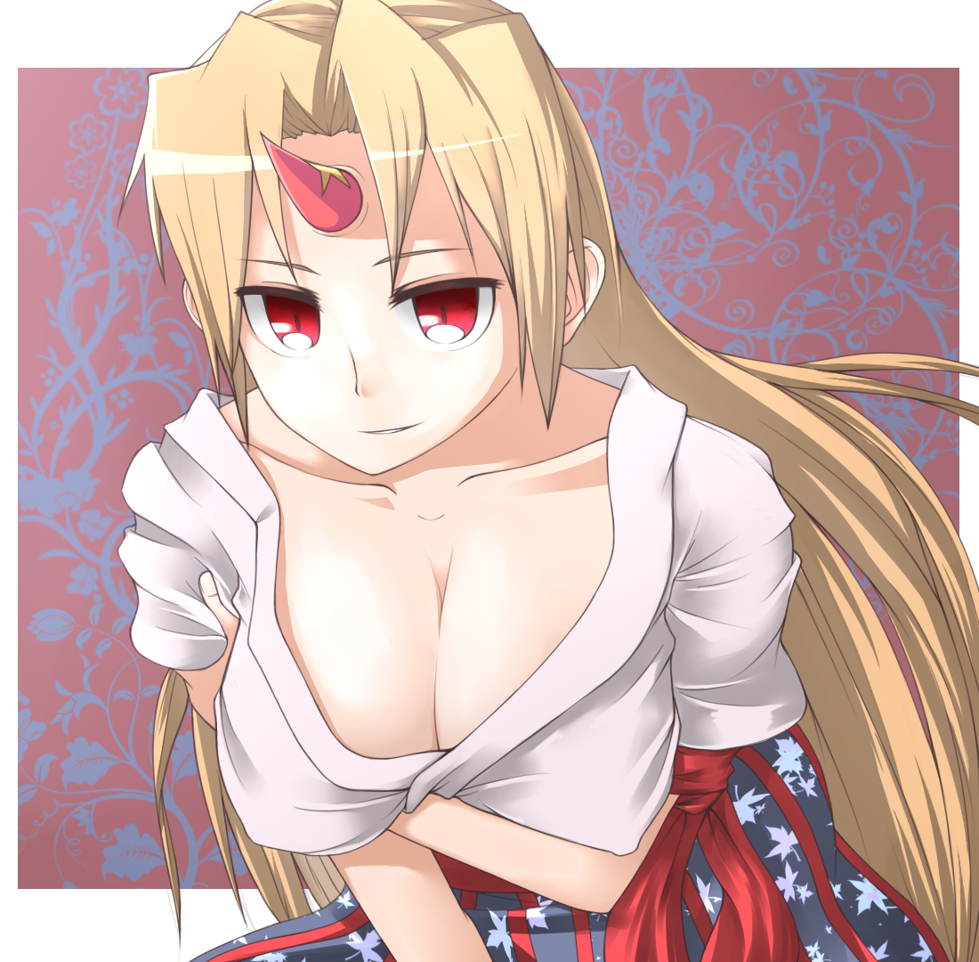 ibuki notsu, hoshiguma yuugi, touhou, bad id, bad pixiv id, 1girl, blonde hair, breasts, cleavage, collarbone, covered erect nipples, female focus, hanging breasts, horns, large breasts, long hair, red eyes, single horn, smile, solo