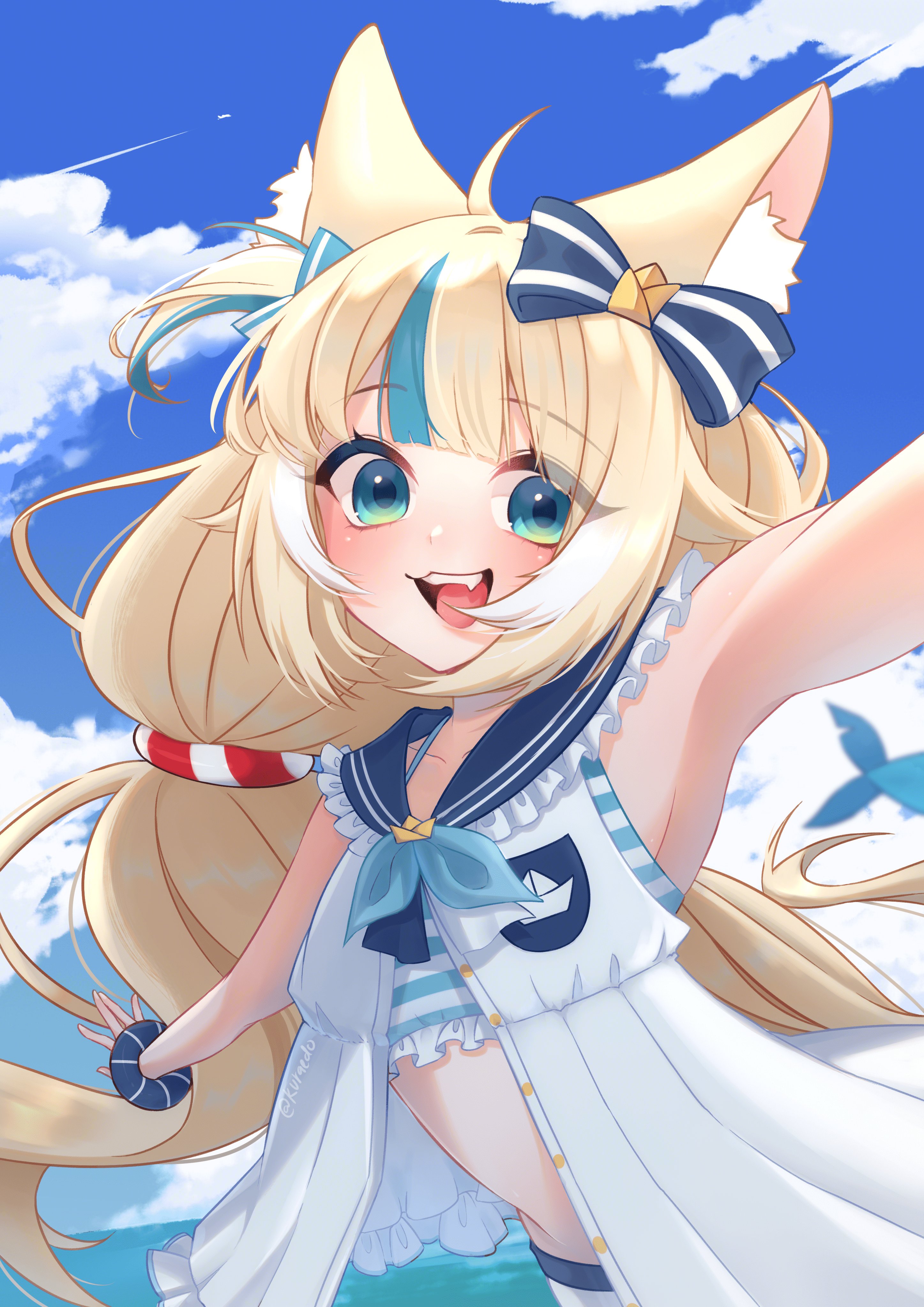kuraedo, sameko saba, indie virtual youtuber, absurdres, commentary, highres, symbol-only commentary, 1girl, ahoge, animal ear fluff, animal ears, blonde hair, blue bow, blue eyes, blue scrunchie, blue sky, blue streaks, blunt bangs, bow, cat ears, day, dress, fang, fins, fish girl, fish tail, hair bow, long hair, looking at viewer, multicolored hair, open mouth, outdoors, outstretched arms, scrunchie, sky, sleeveless, sleeveless dress, smile, solo, streaked hair, tail, upper body, virtual youtuber, white dress, wrist scrunchie