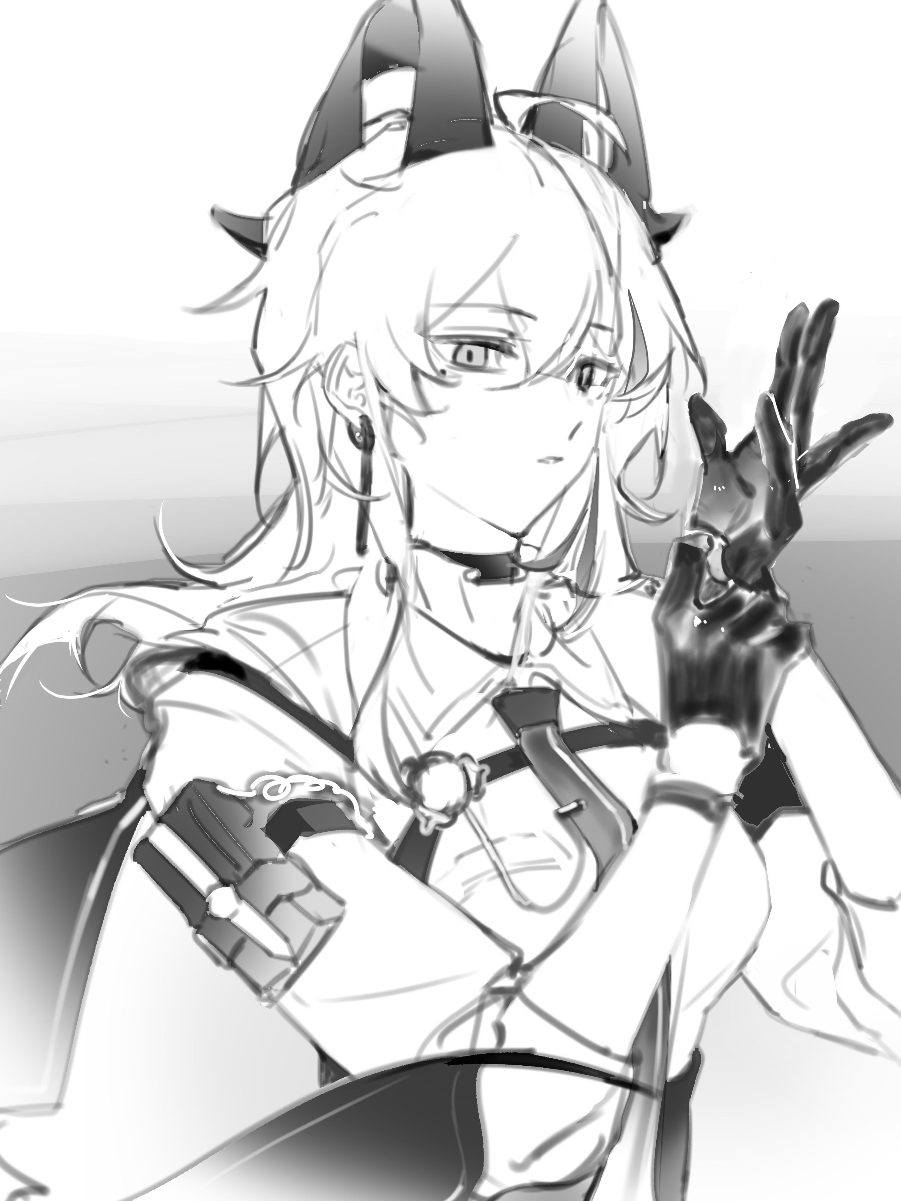 coloki, zani (wuthering waves), wuthering waves, absurdres, chinese commentary, commentary request, highres, 1girl, adjusting clothes, adjusting gloves, arm pouch, breasts, chest harness, collared shirt, curled horns, earrings, glove pull, gloves, greyscale, hands up, harness, horns, jewelry, key earrings, long hair, medium breasts, mole, mole under eye, monochrome, necktie, parted lips, shirt, solo, upper body