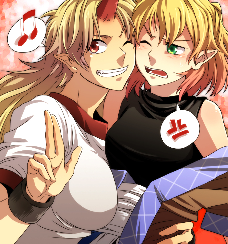 re ghotion, hoshiguma yuugi, mizuhashi parsee, touhou, bad id, bad pixiv id, 2girls, blonde hair, breasts, female focus, green eyes, grin, horns, large breasts, long hair, multiple girls, musical note, one eye closed, open clothes, pointy ears, red eyes, short hair, single horn, sleeveless, smile, wink