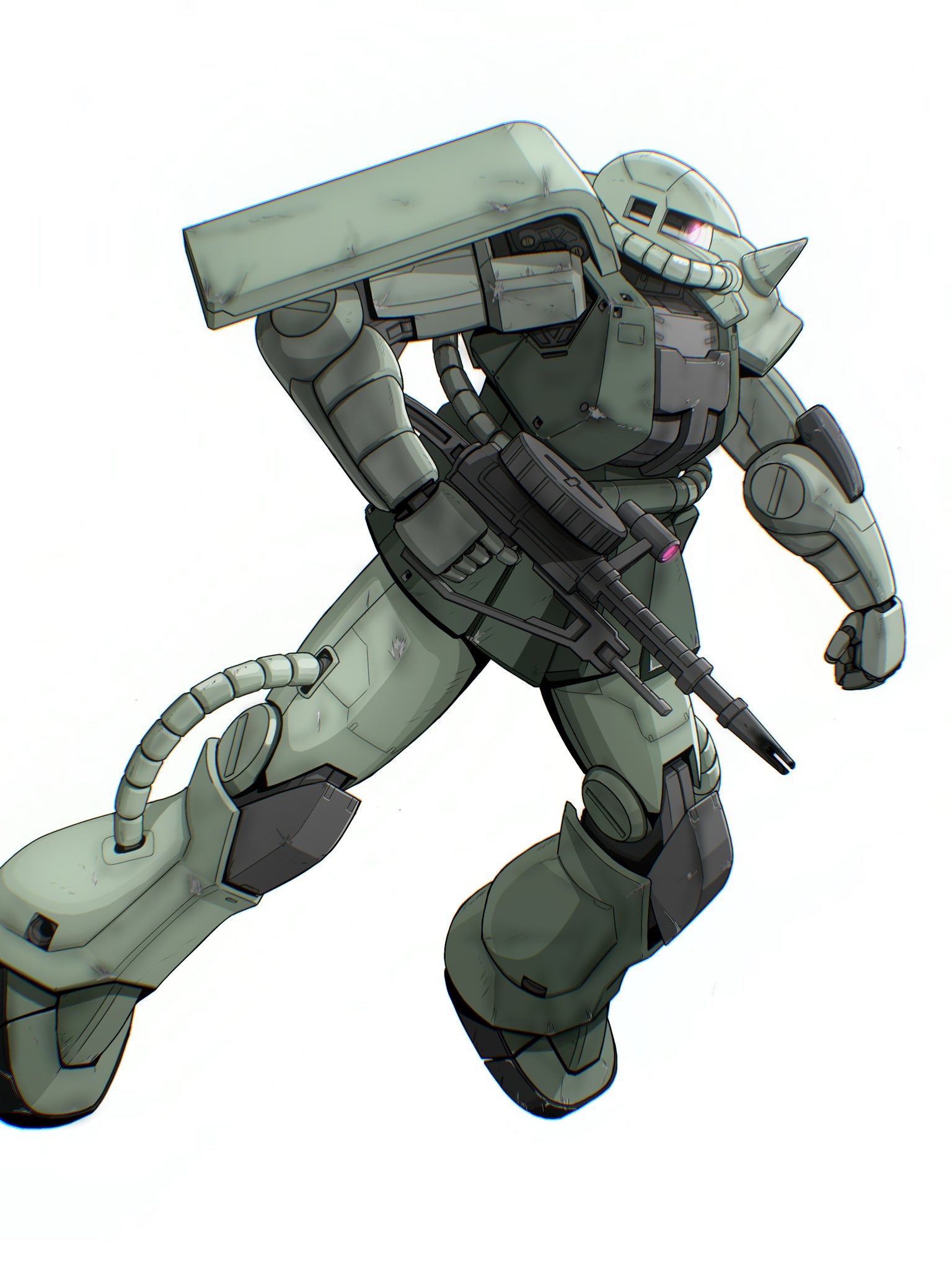 aron e, zaku ii, gundam, mobile suit gundam, commentary request, highres, from side, glowing, glowing eye, gun, holding, holding gun, holding weapon, mecha, mecha focus, mobile suit, no humans, one-eyed, red eyes, robot, science fiction, shoulder spikes, simple background, solo, spikes, weapon, white background, zeon