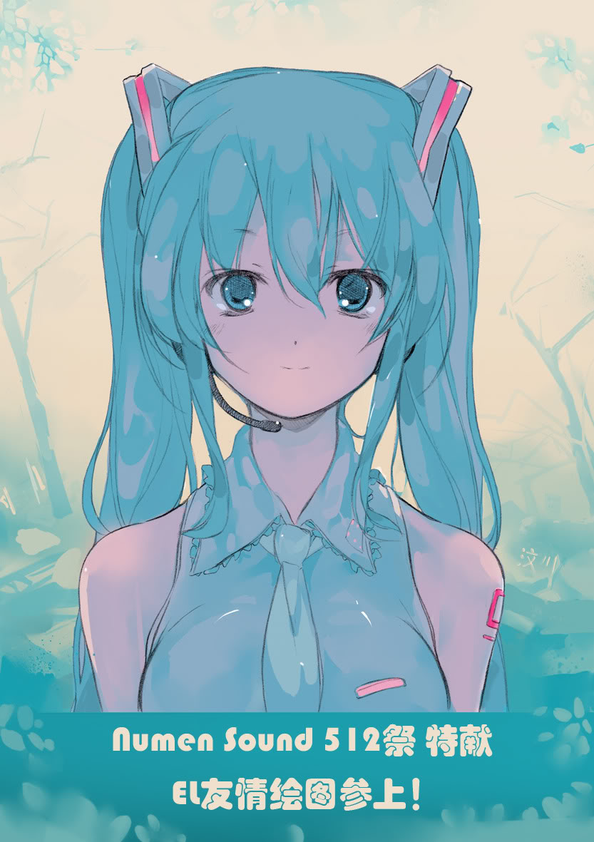 tojisakura, hatsune miku, vocaloid, colorized, blue eyes, blue hair, chinese text, simplified chinese text, solo, twintails