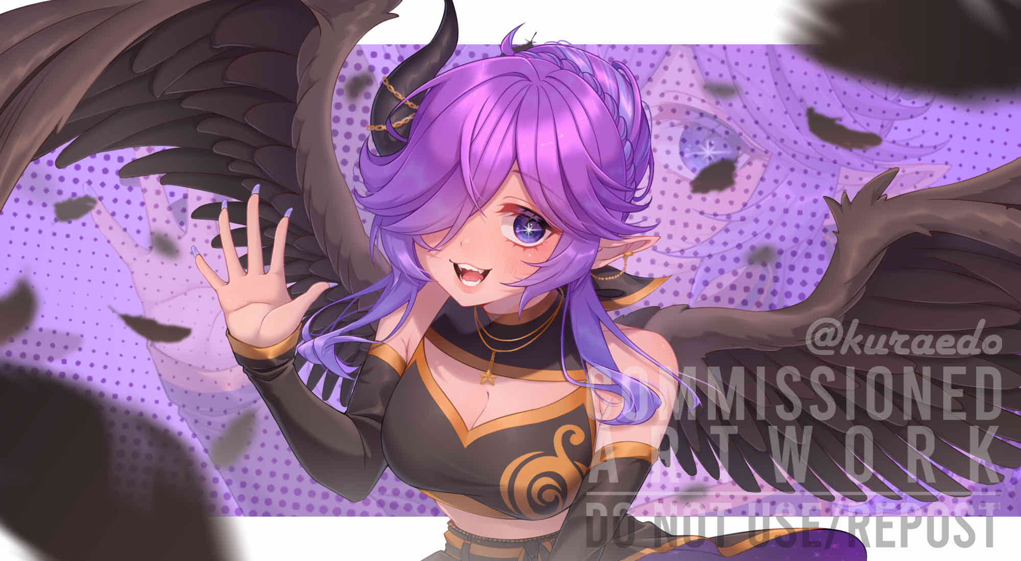 kuraedo, original, commentary, commission, english commentary, highres, vgen commission, 1girl, bare shoulders, breasts, cleavage, cleavage cutout, clothing cutout, crop top, detached sleeves, feathered wings, fingernails, hair over one eye, hand up, horns, looking at viewer, medium breasts, medium hair, nail polish, one eye covered, open mouth, parted bangs, pointy ears, purple background, purple eyes, purple hair, purple nails, single horn, smile, solo, upper body, watermark, wings