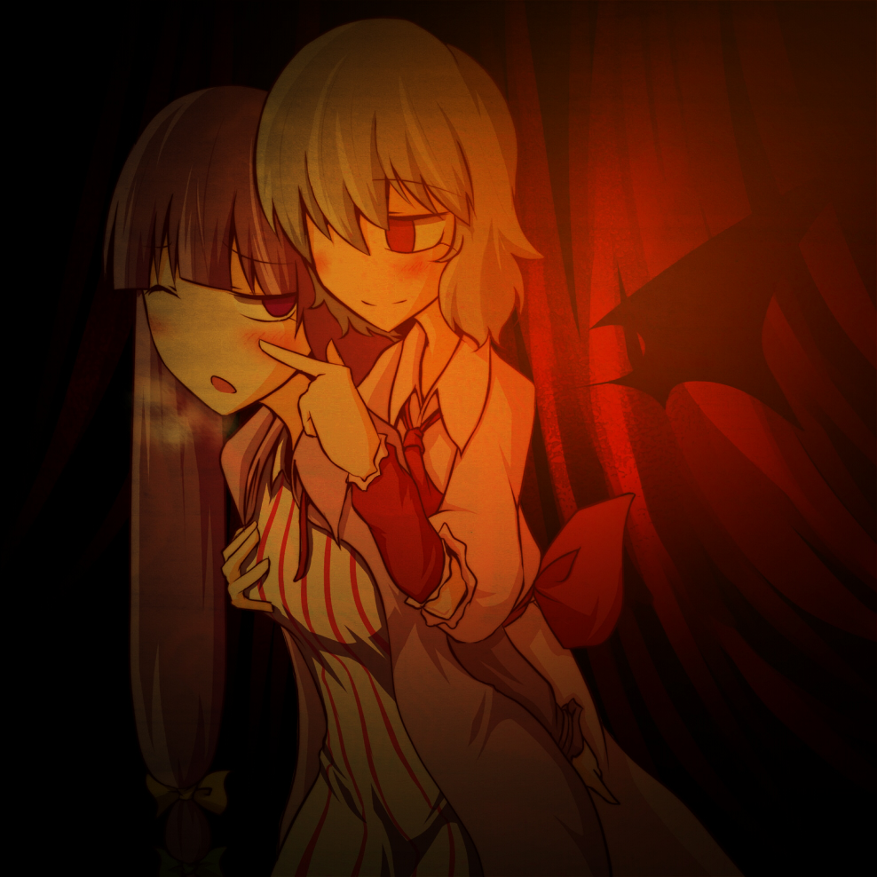 konohana saku, patchouli knowledge, remilia scarlet, embodiment of scarlet devil, touhou, bad id, bad pixiv id, 2girls, breasts, cheek poking, female focus, grabbing another's breast, groping, hair over one eye, multiple girls, one eye closed, poking, wink