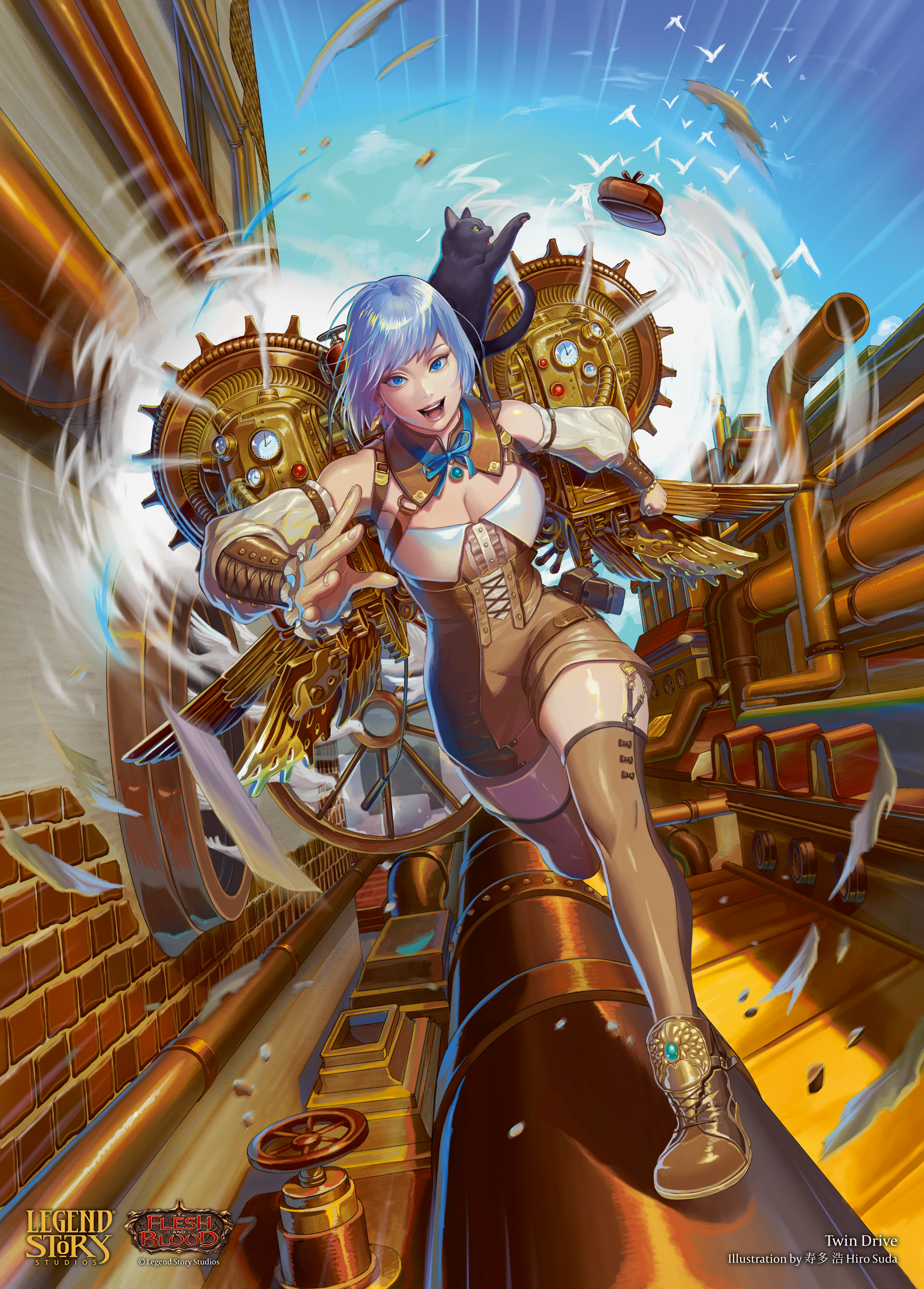 absurdres, highres, official art, 1girl, artist name, bare shoulders, blue eyes, breasts, cat, copyright logo, flesh and blood, hat, hiro suda, large breasts, logo, looking at viewer, open mouth, running, short hair, solo, steampunk