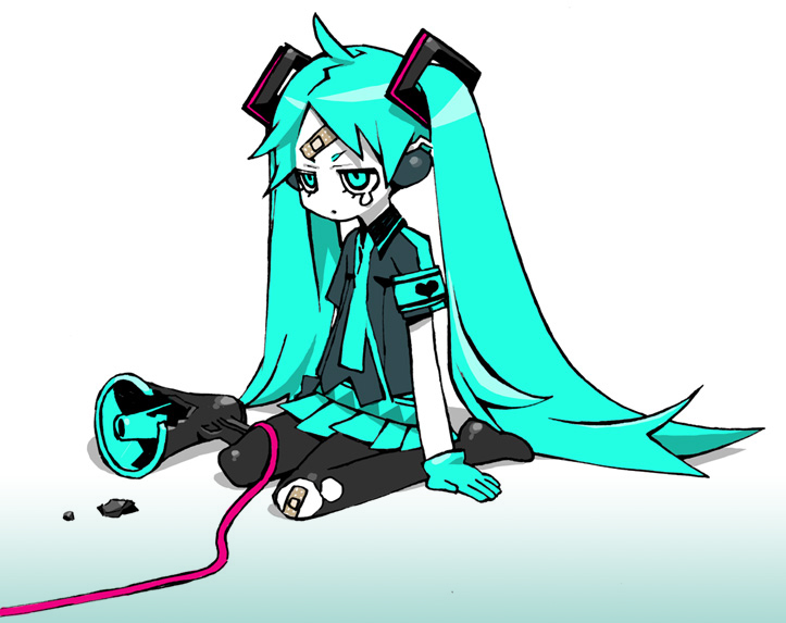 miwa shirow, hatsune miku, koi wa sensou (vocaloid), vocaloid, 1girl, aqua eyes, aqua hair, armband, bandaid, bandaid on face, bandaid on forehead, bandaid on knee, bandaid on leg, chibi, female focus, gloves, heart, long hair, megaphone, pantyhose, sitting, solo, tears, torn clothes, torn pantyhose, twintails, very long hair, wariza