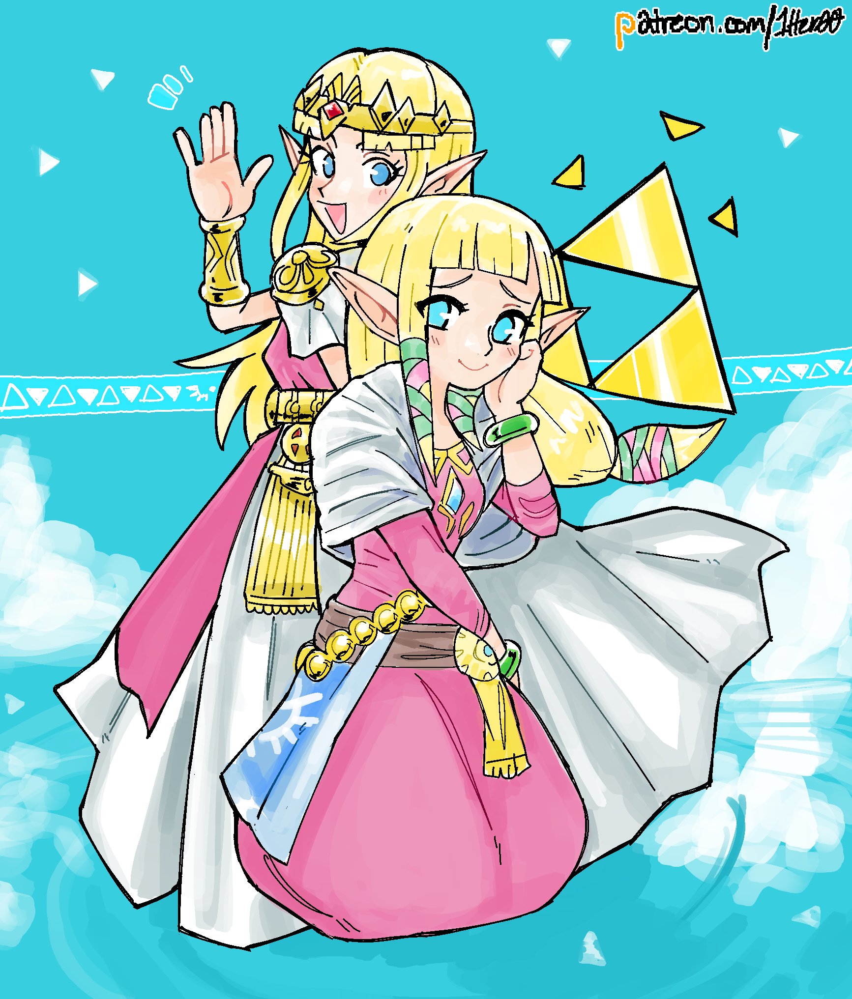 1her0, princess zelda, nintendo, the legend of zelda, the legend of zelda: a link between worlds, the legend of zelda: skyward sword, commentary, english commentary, highres, 2girls, armor, blonde hair, blue background, blue eyes, blue gemstone, blunt bangs, bracelet, cape, chest jewel, circlet, cloud, dress, dual persona, full body, furrowed brow, gem, gold, gold bracelet, gold circlet, hand on own cheek, hand on own face, hand up, jewelry, kneeling, long hair, long pointy ears, long sidelocks, looking at viewer, low-tied long hair, multiple girls, open mouth, pointy ears, red gemstone, shoulder armor, sidelocks, smile, standing, standing on liquid, triforce, waving, white cape, white dress