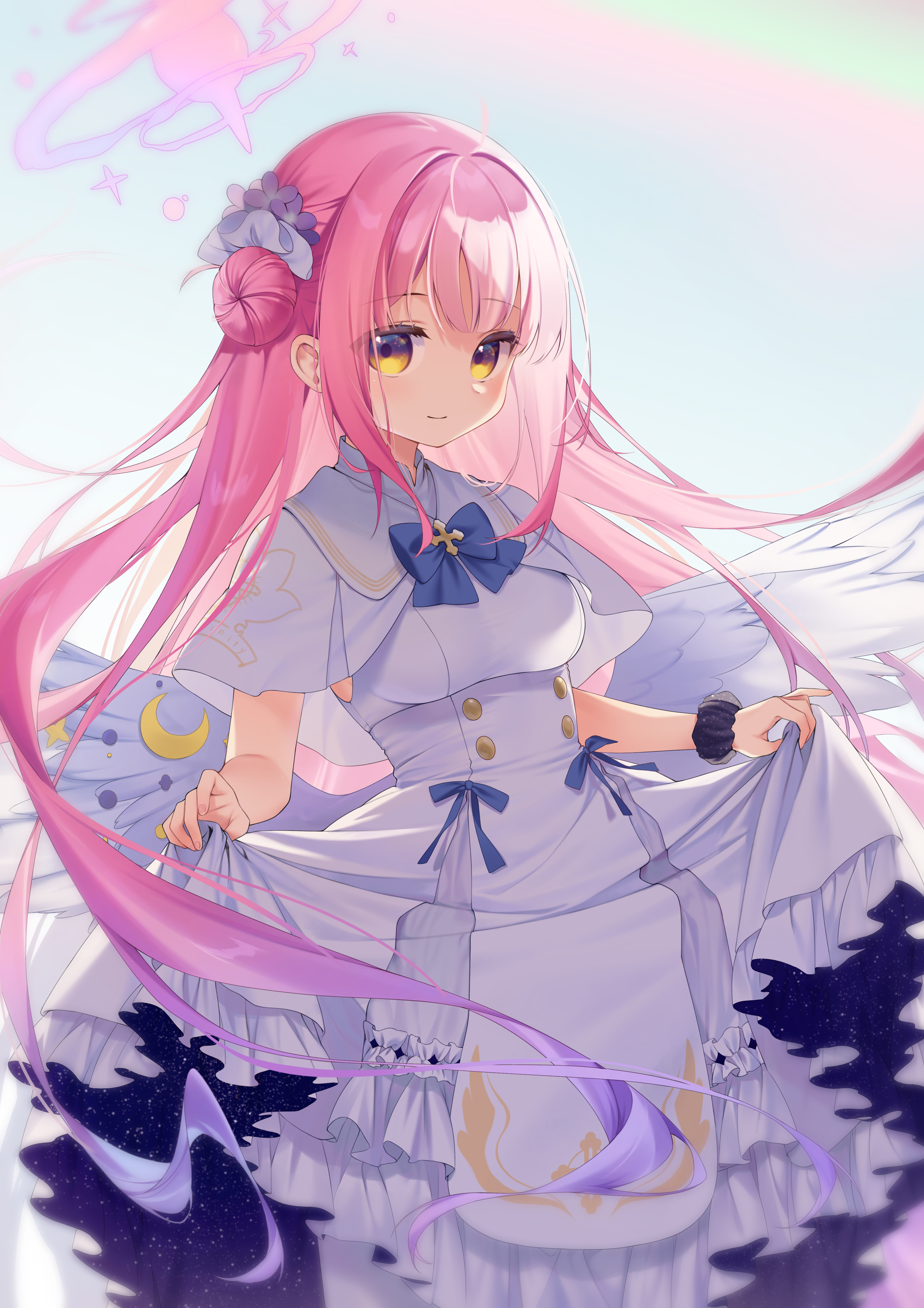 poppy (poppykakaka), mika (blue archive), blue archive, absurdres, commentary request, highres, 1girl, angel wings, blue bow, bow, breasts, buttons, capelet, closed mouth, clothes lift, crescent, double-breasted, dress, gold trim, halo, lifting own clothes, long hair, looking at viewer, low wings, medium breasts, pink hair, pink halo, scrunchie, skirt, skirt lift, smile, solo, very long hair, white capelet, white dress, white wings, wing ornament, wings, wrist scrunchie