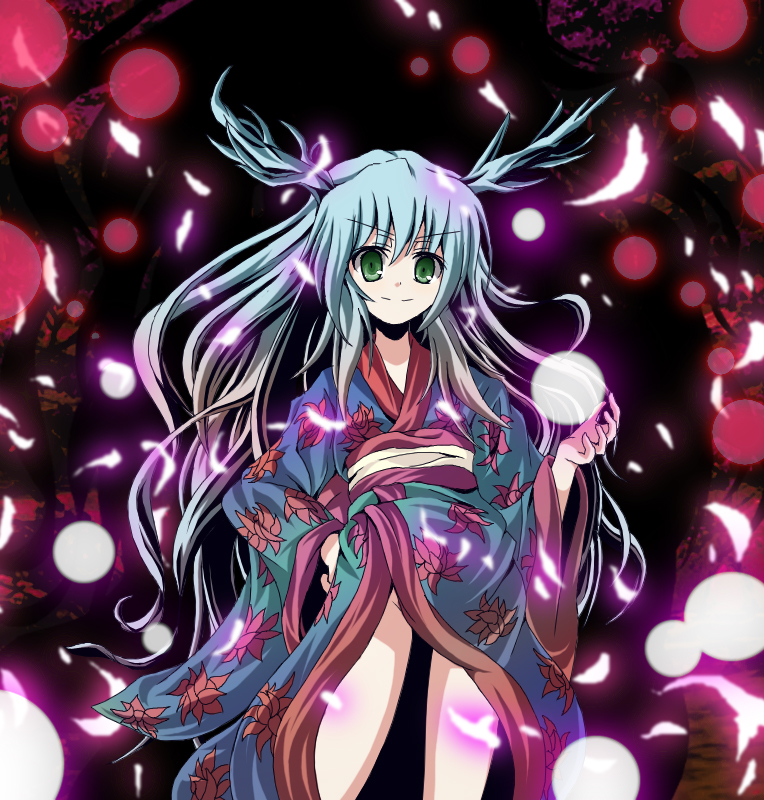 tamago gohan, yutaka, sashiromiya sasha, original, touhou, bad id, bad pixiv id, 1girl, blue hair, danmaku, female focus, green eyes, japanese clothes, long hair, no panties, solo