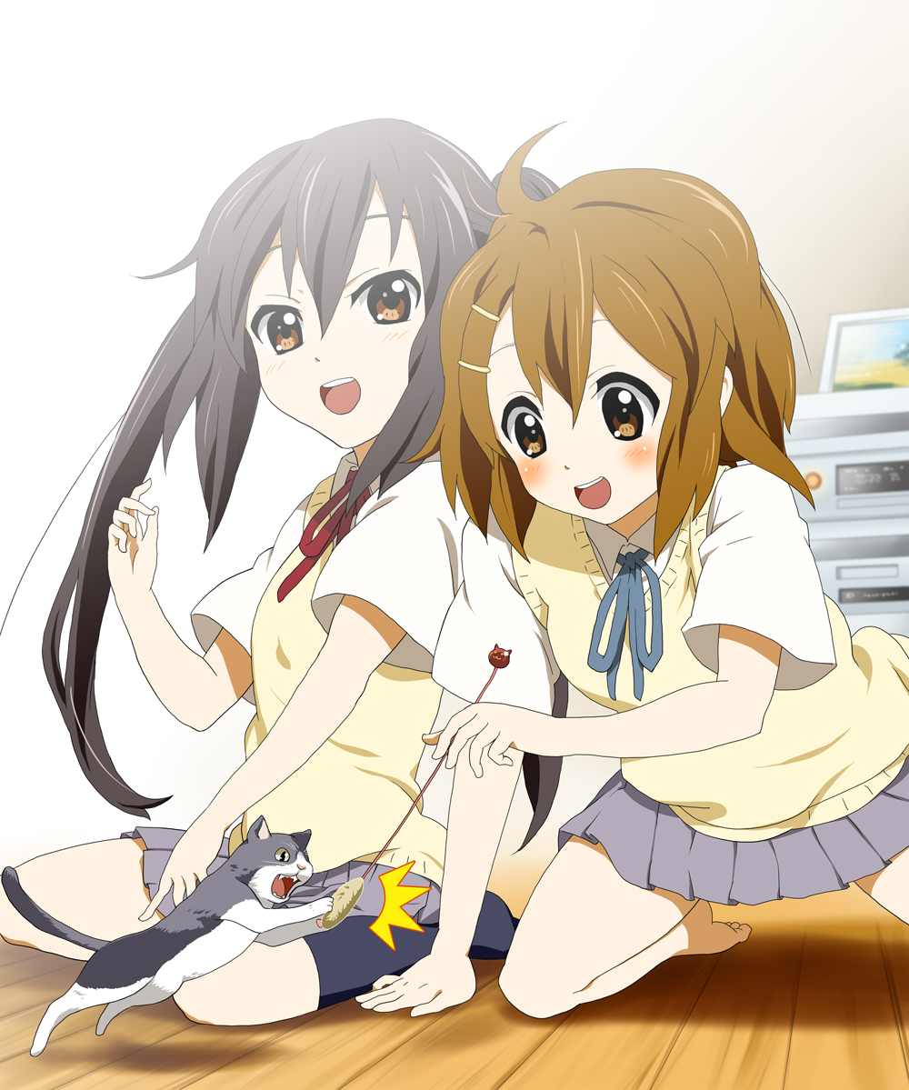 minimaru, hirasawa yui, nakano azusa, k-on!, 00s, 2girls, ^^^, black hair, blouse, brown eyes, brown hair, cat, cat teaser, long hair, multiple girls, picture frame, playing, school uniform, shirt, short hair, socks, teeth, twintails, upper teeth only, white shirt, wooden floor