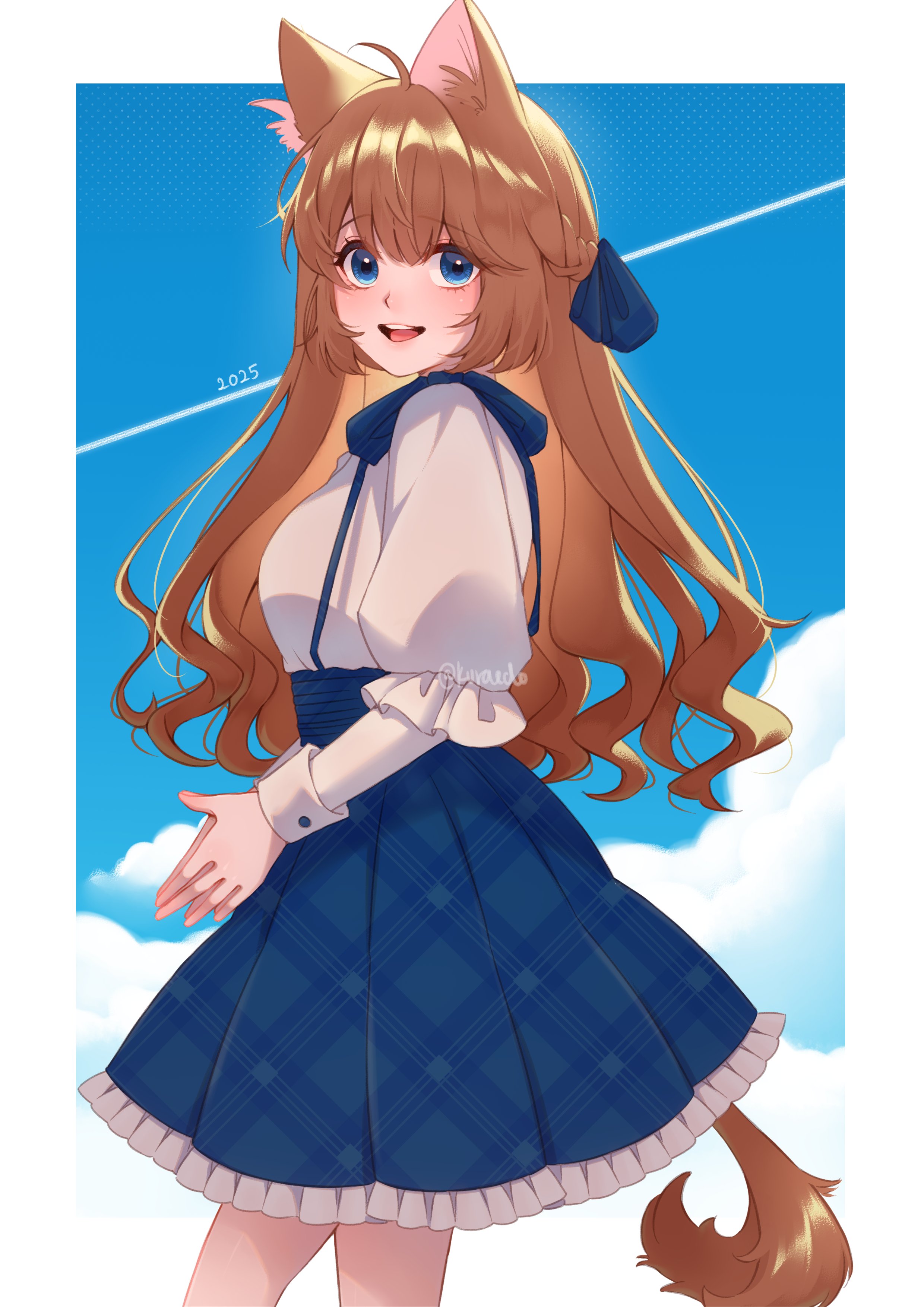 kuraedo, original, absurdres, commentary, english commentary, highres, 1girl, ahoge, animal ear fluff, animal ears, blue background, blue eyes, blue skirt, border, breasts, brown hair, cat ears, cat girl, cat tail, cowboy shot, double-parted bangs, from side, grey shirt, long hair, long sleeves, looking at viewer, medium breasts, open mouth, outside border, shirt, skirt, smile, solo, tail, white border