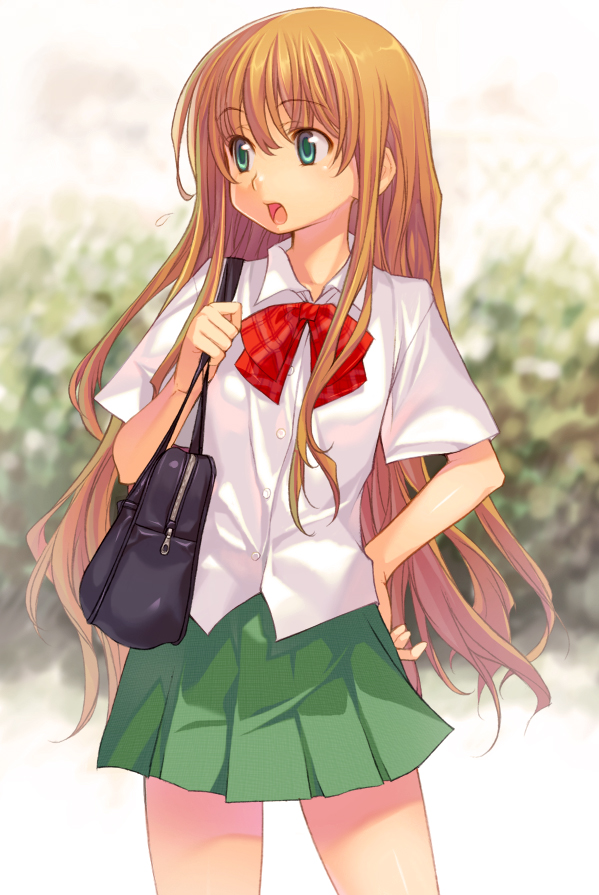 onono imoko, 1girl, bag, blouse, breasts, cowboy shot, female focus, green eyes, hand on own hip, holding, holding bag, long hair, school bag, school uniform, shirt, skirt, small breasts, solo, white shirt