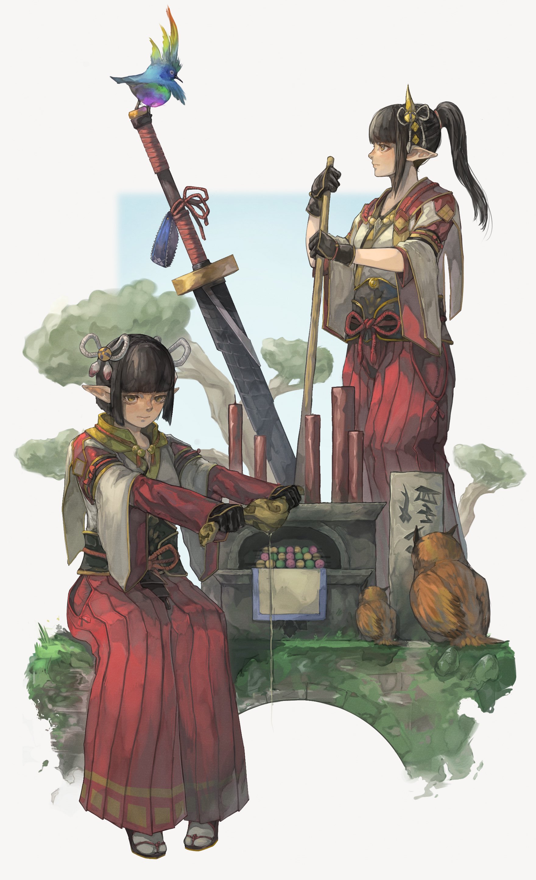 monster hunter (series), absurdres, character request, commentary request, highres, 2girls, bird, black hair, blunt bangs, dango, eyeshadow, food, gloves, hair ornament, hime cut, japanese clothes, long hair, makeup, malomalobear, multiple girls, owl, pointy ears, ponytail, red eyeshadow, sword, tree, wagashi, weapon, yellow eyes