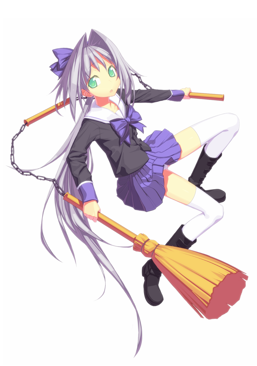 fondolger, original, highres, 1girl, broom, female focus, fondoler, legs, nunchaku, school uniform, serafuku, skirt, solo, thighhighs, weapon