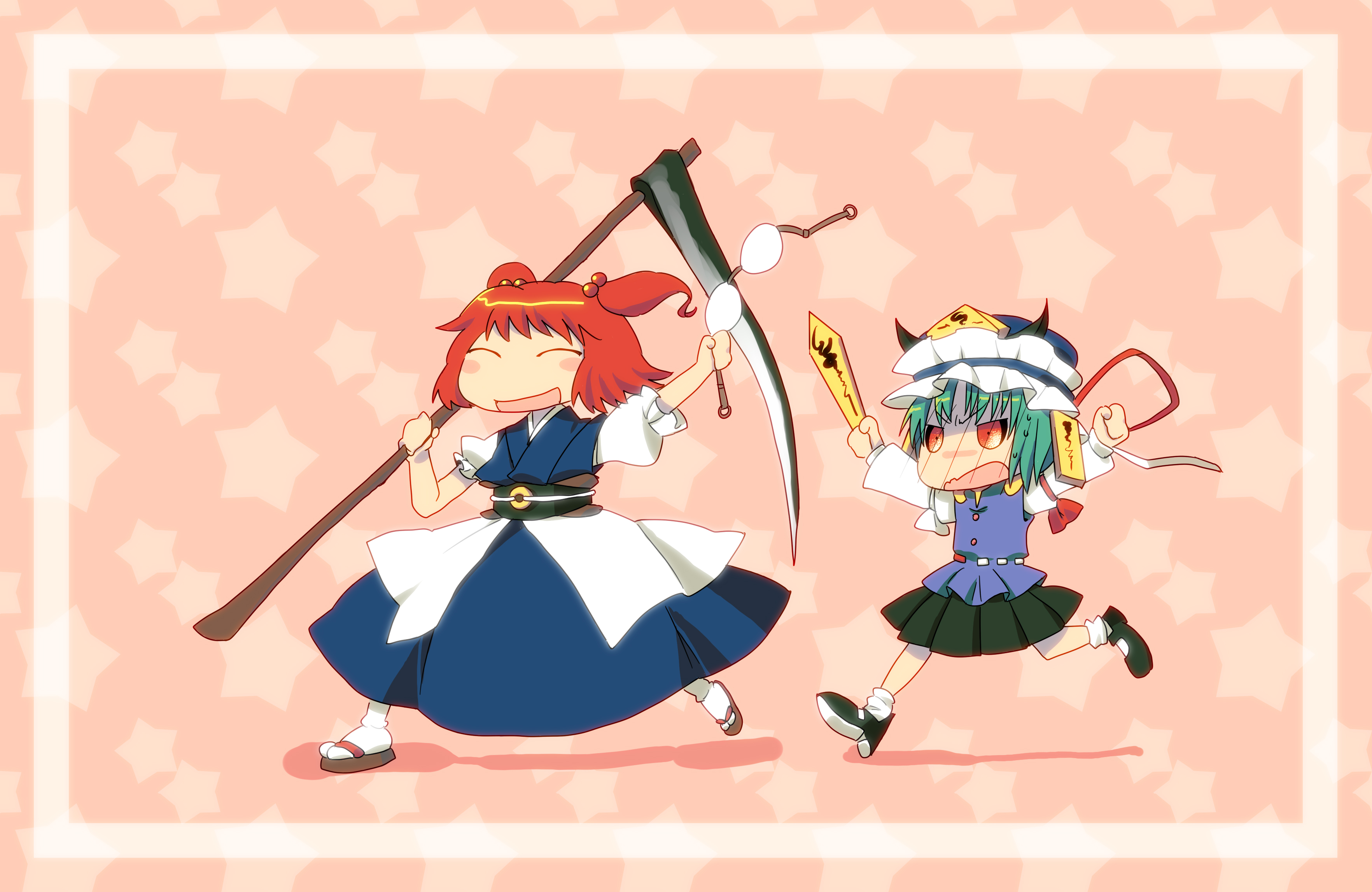 8bit, hachi (8bit canvas), onozuka komachi, shiki eiki, touhou, absurdres, bad id, bad pixiv id, highres, 2girls, angry, blush, bra, chasing, chibi, closed eyes, clothes theft, female focus, green hair, hat, holding, holding bra, holding underwear, holding unworn clothes, lingerie, multiple girls, open mouth, red eyes, red hair, rod of remorse, scythe, short hair, theft, underwear, underwear theft, unworn bra, white bra